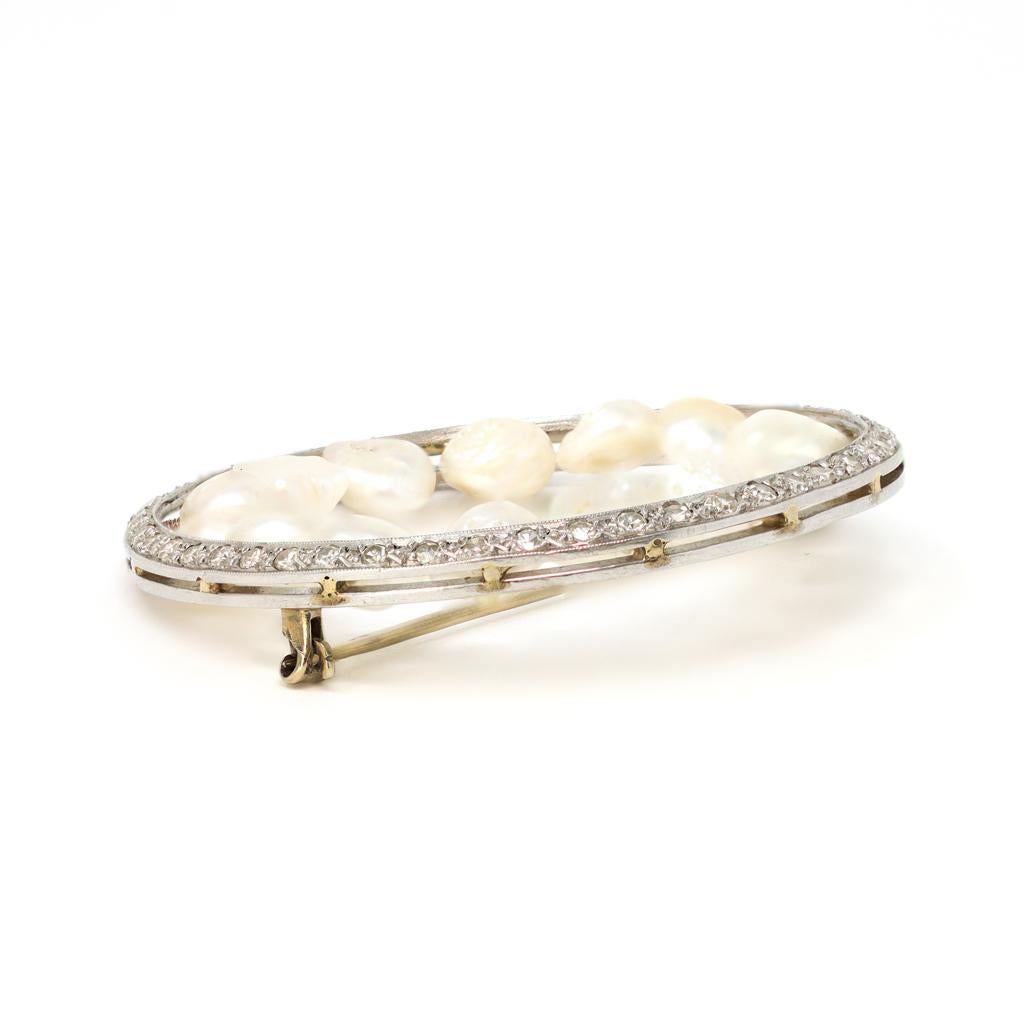 Natural Tennesse Pearls and Single Cut Diamond Brooch in Platinum, circa 1930 In Good Condition In Miami, FL