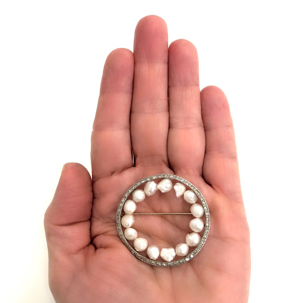 Natural Tennesse Pearls and Single Cut Diamond Brooch in Platinum, circa 1930 1