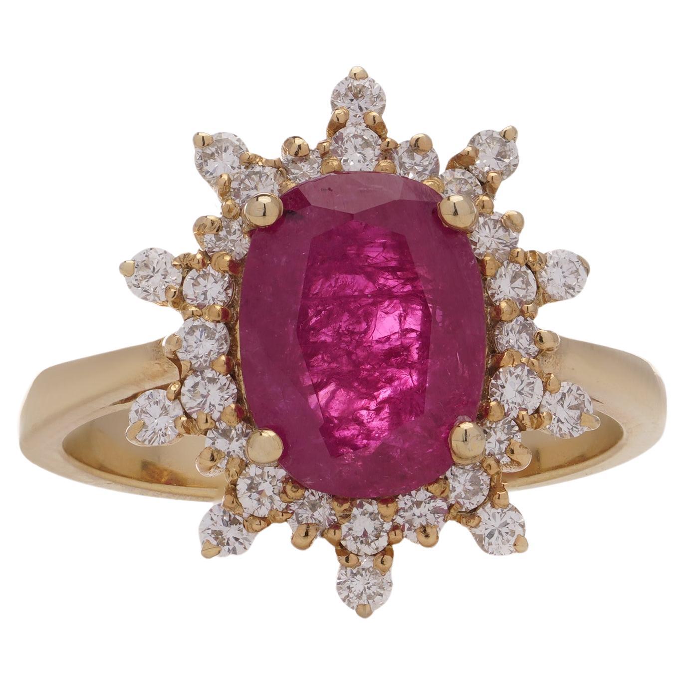 Natural Thai ruby and diamond cluster in 18kt yellow gold
