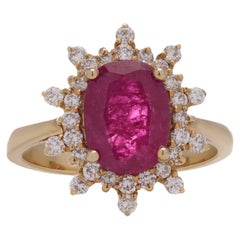 Natural Thai ruby and diamond cluster in 18kt yellow gold