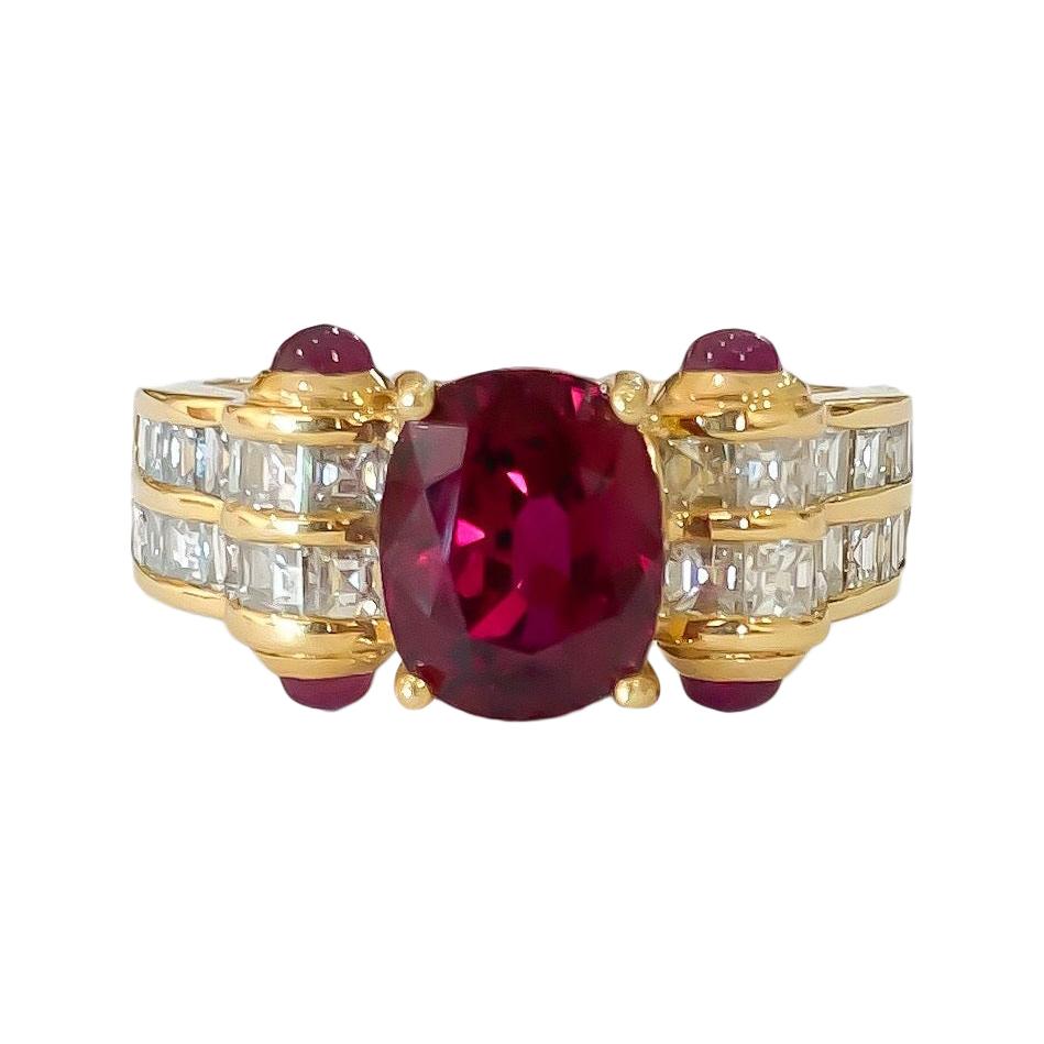 Natural Thai Ruby Oval and Cabochon Square Diamond Handmade Ring 18k 2.64 Carat For Sale