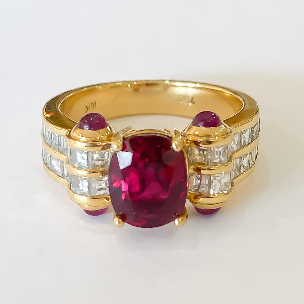 Designed and hand fabricated by Mark Areias Jewelers designed in 18 karat yellow gold and set with a natural Thai ruby and square channel set diamonds. The center is set in four prongs, flanked by two rows of diamonds on rolled shoulders. Four