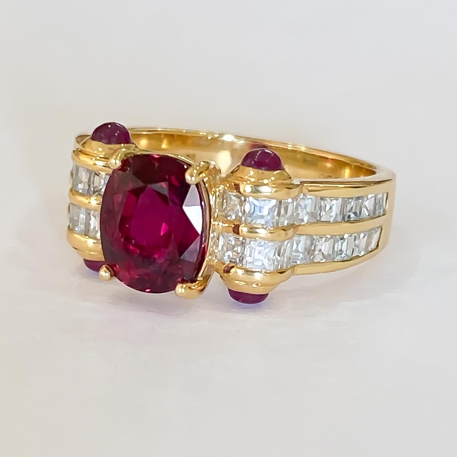 Oval Cut Natural Thai Ruby Oval and Cabochon Square Diamond Handmade Ring 18k 2.64 Carat For Sale