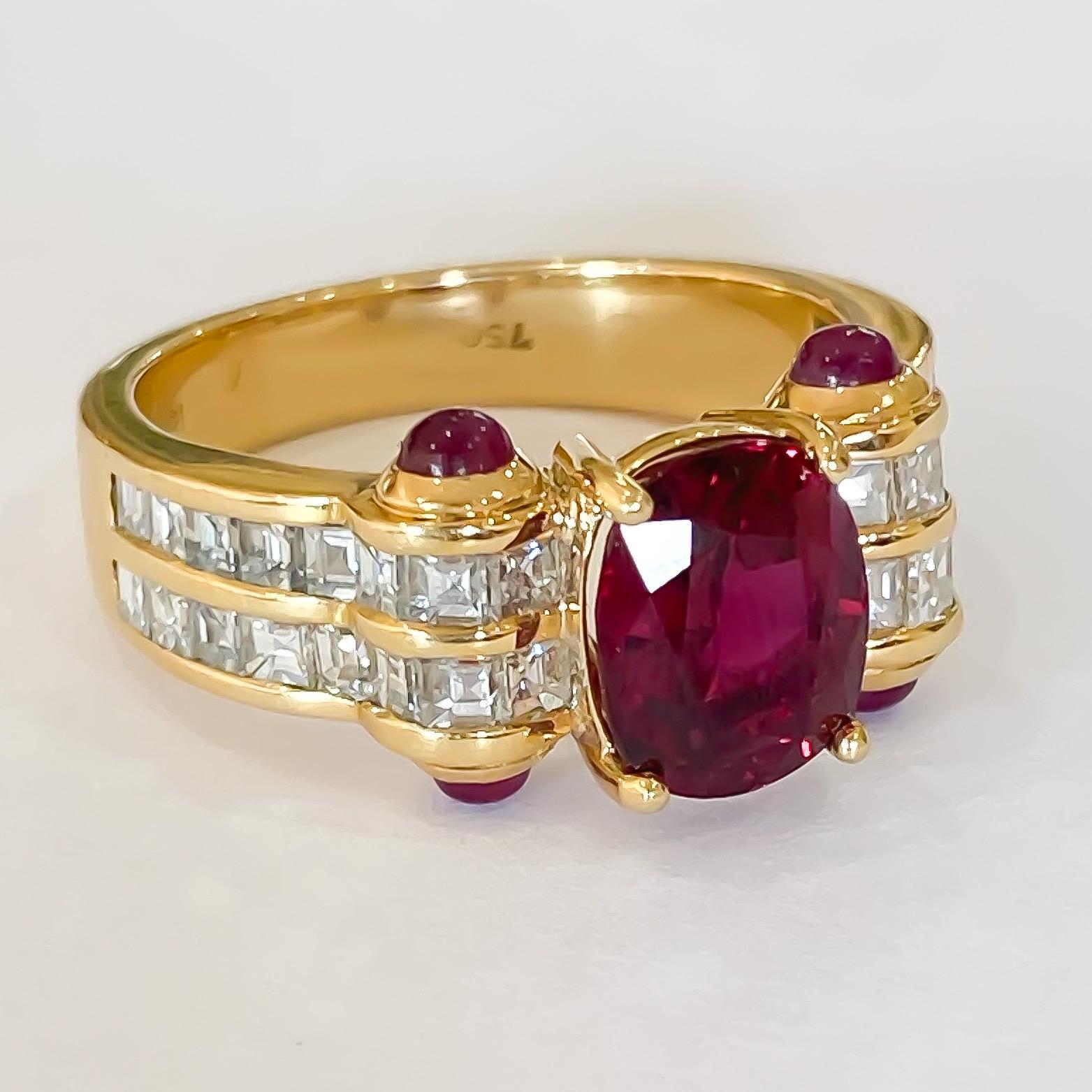 Natural Thai Ruby Oval and Cabochon Square Diamond Handmade Ring 18k 2.64 Carat In Excellent Condition For Sale In Carmel-by-the-Sea, CA