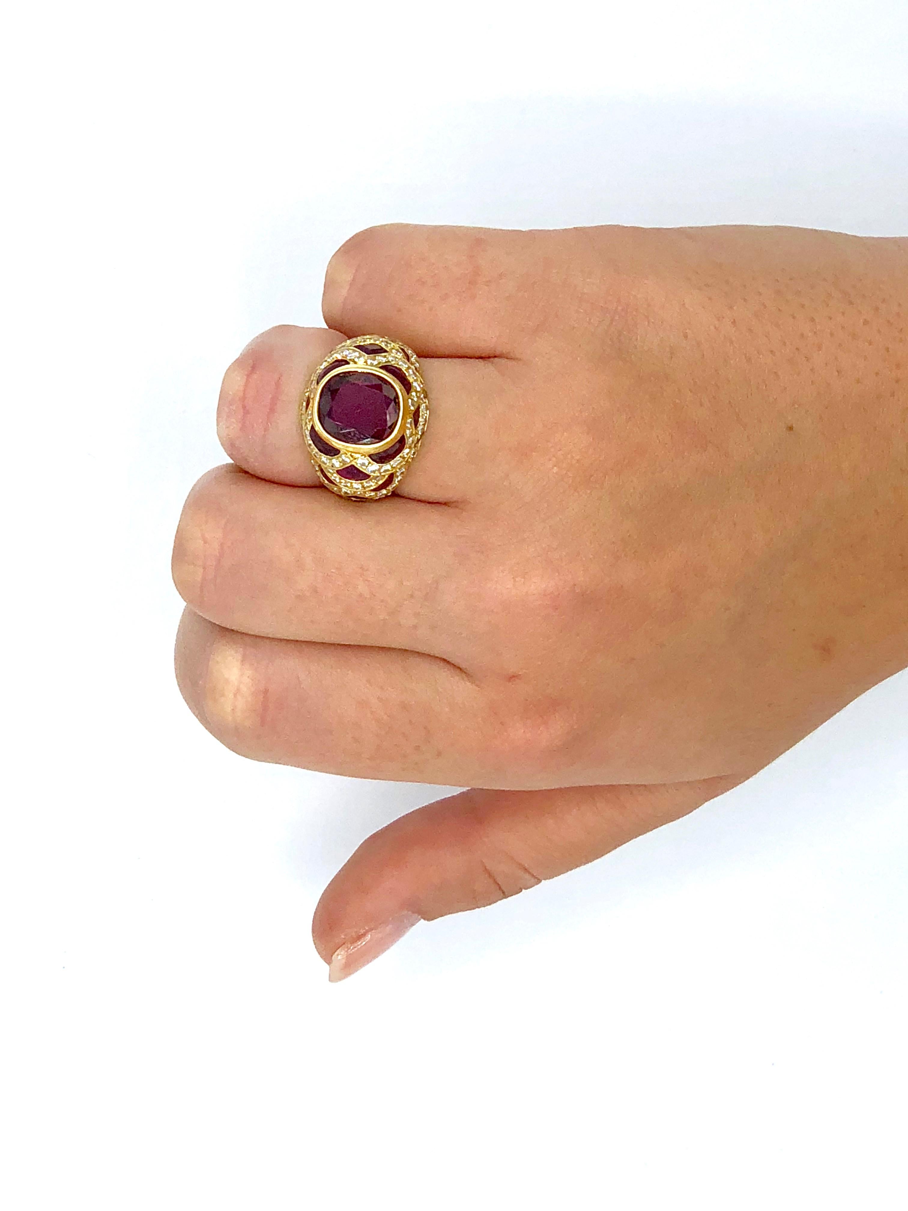 Women's 18 Karat Yellow Gold Natural Thai Ruby and Diamond Cocktail Ring For Sale