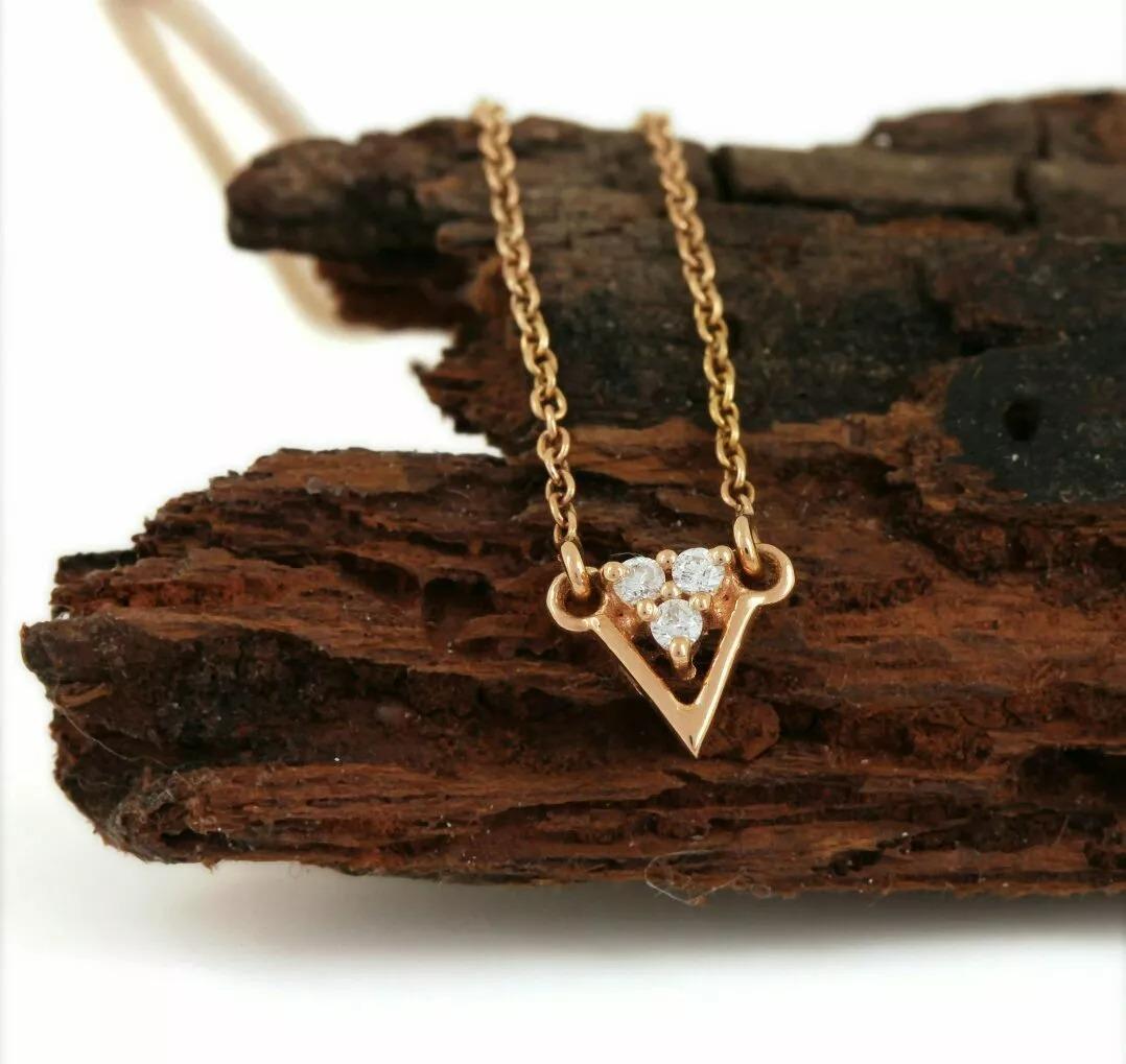 Round Cut Natural Three Diamond Triangle Charm Pendant 14k Solid Gold Minimalist For Sale