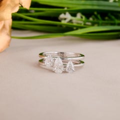 Natural Three Pear Shape Diamond Ring, 0.99 Carats, 18K White Gold