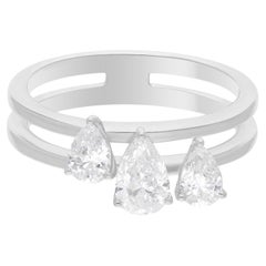 Natural Three Pear Shape Diamond Ring, 0.99 Carats, 18K White Gold