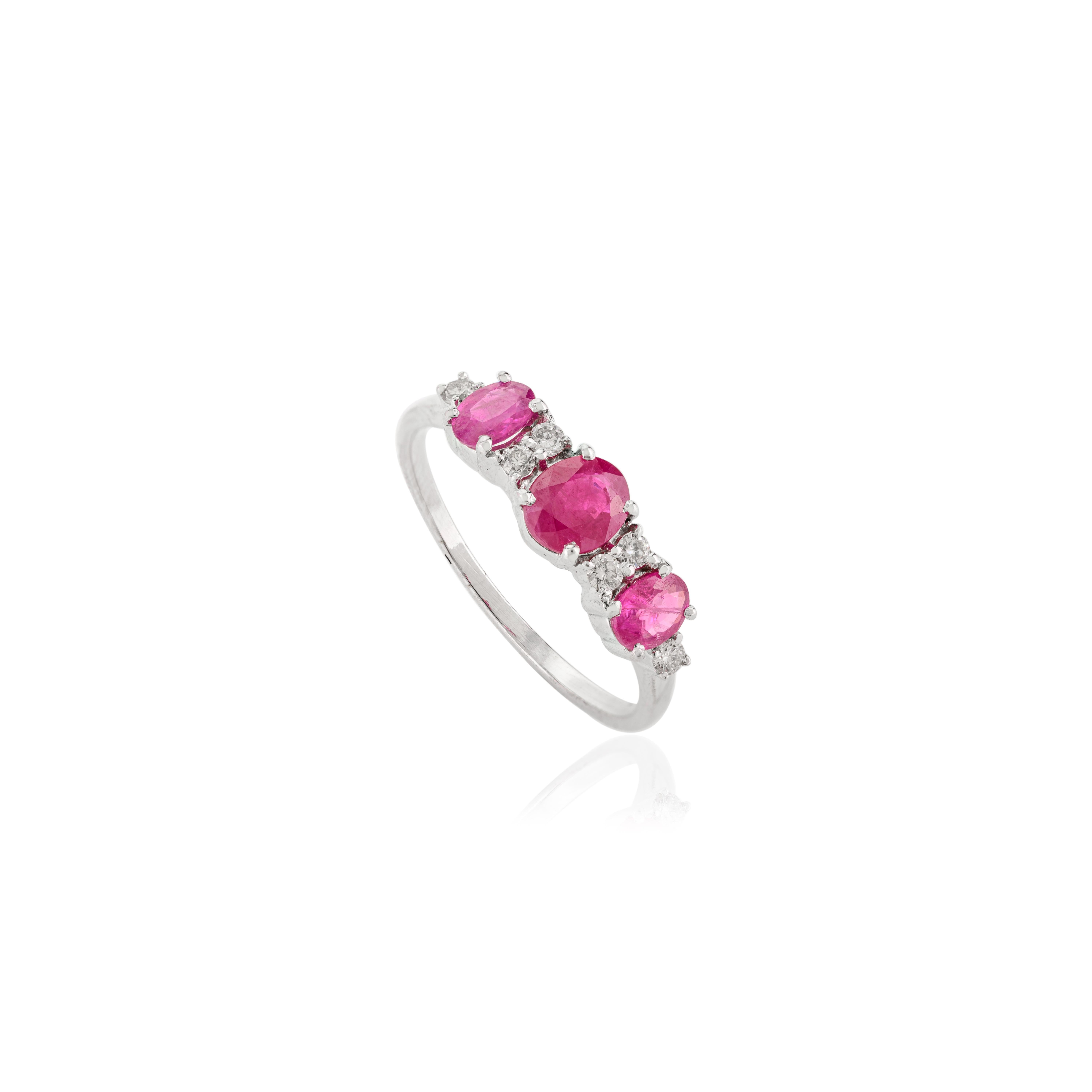 For Sale:  Natural Three Stone Ruby and Diamond Wedding Ring in 14k Solid White Gold 2
