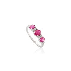 Natural Three Stone Ruby and Diamond Wedding Ring in 14k Solid White Gold