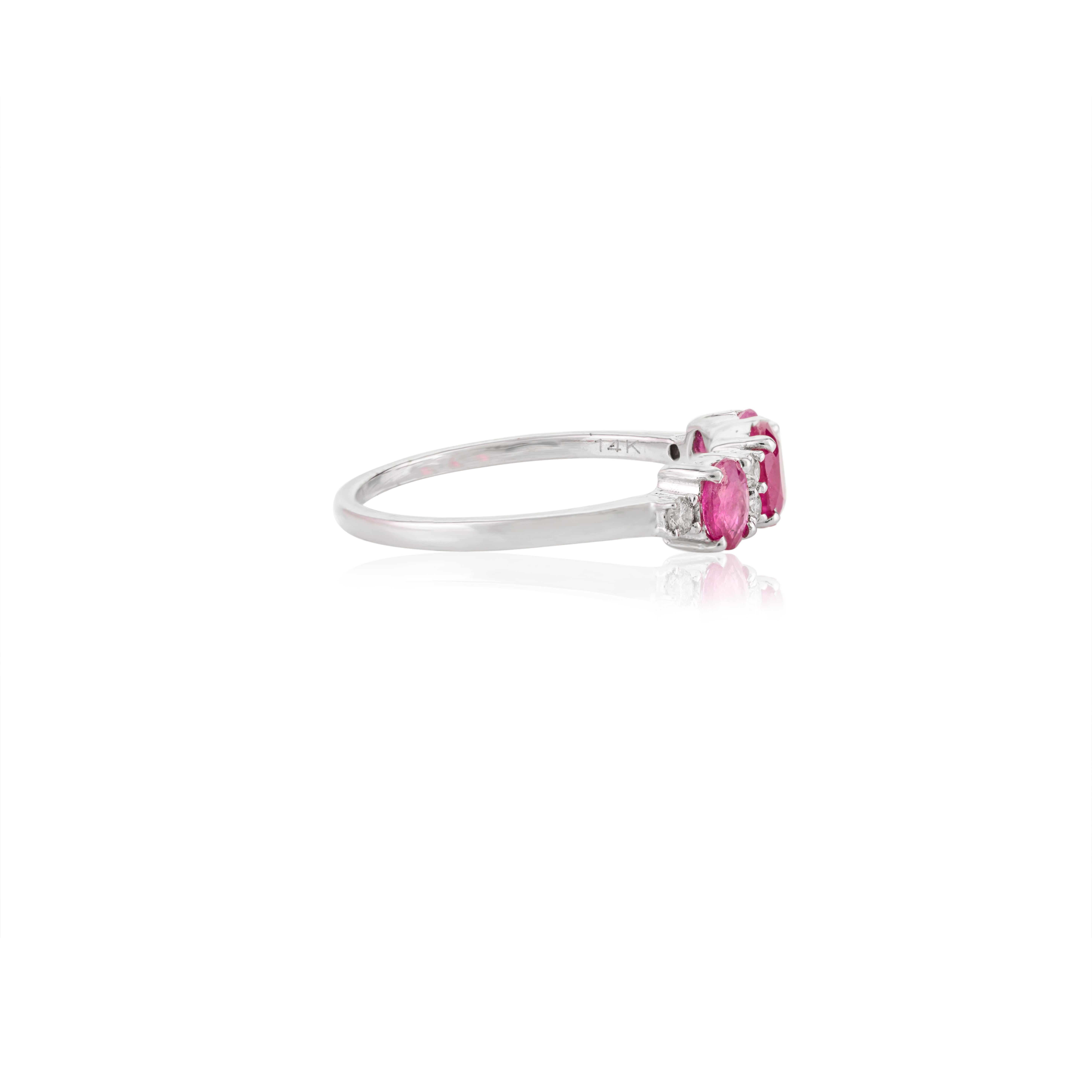 For Sale:  Natural Three Stone Ruby and Diamond Wedding Ring in 14k Solid White Gold 3