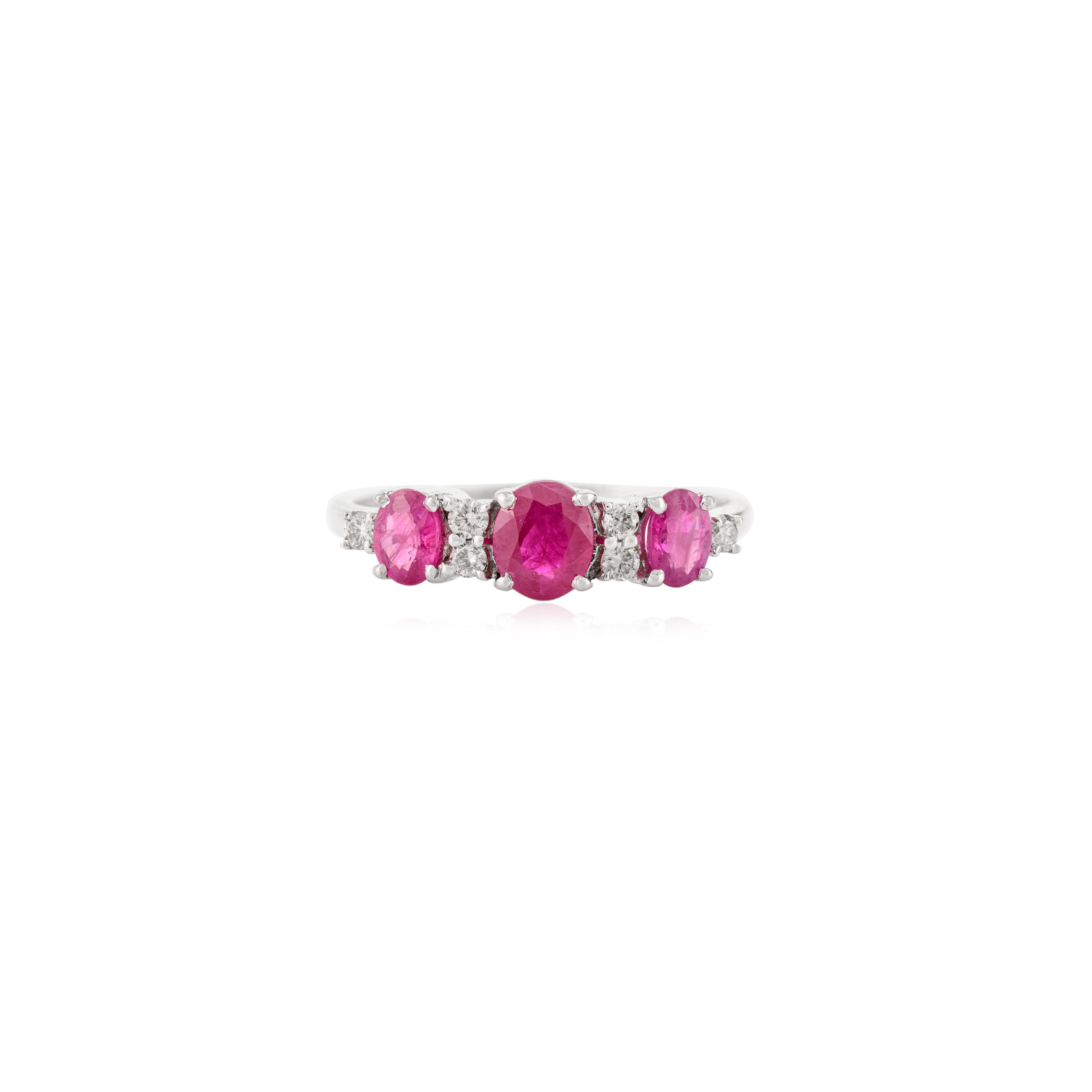 For Sale:  Natural Three Stone Ruby and Diamond Wedding Ring in 14k Solid White Gold 5