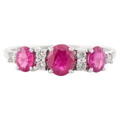 Natural Three Stone Ruby and Diamond Wedding Ring in 14k Solid White Gold