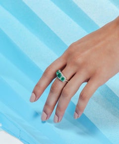 Three Stone Emerald Wedding Ring with Halo Diamond in 18k Solid White Gold