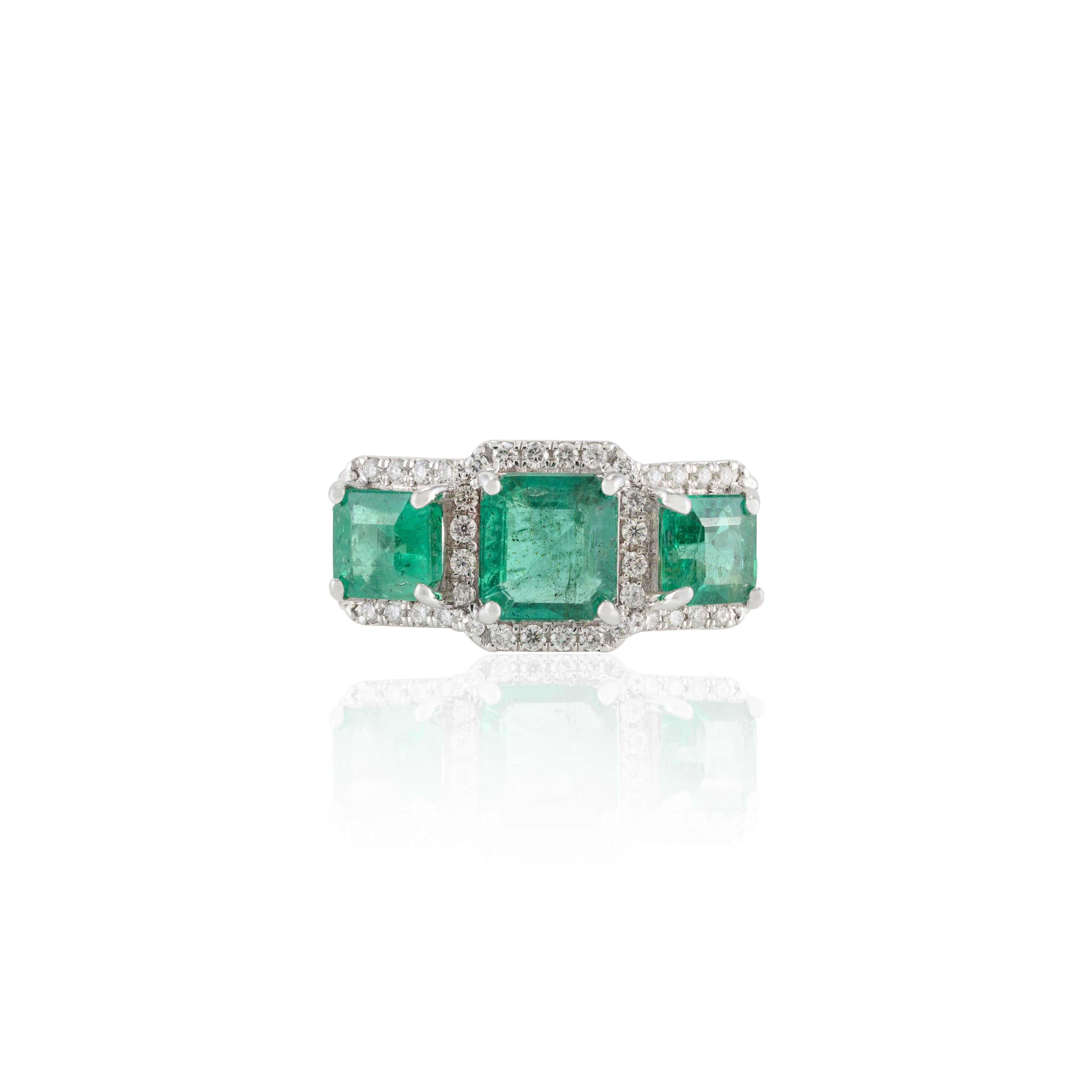 For Sale:  Three Stone Emerald Wedding Ring with Halo Diamond in 18k Solid White Gold 3