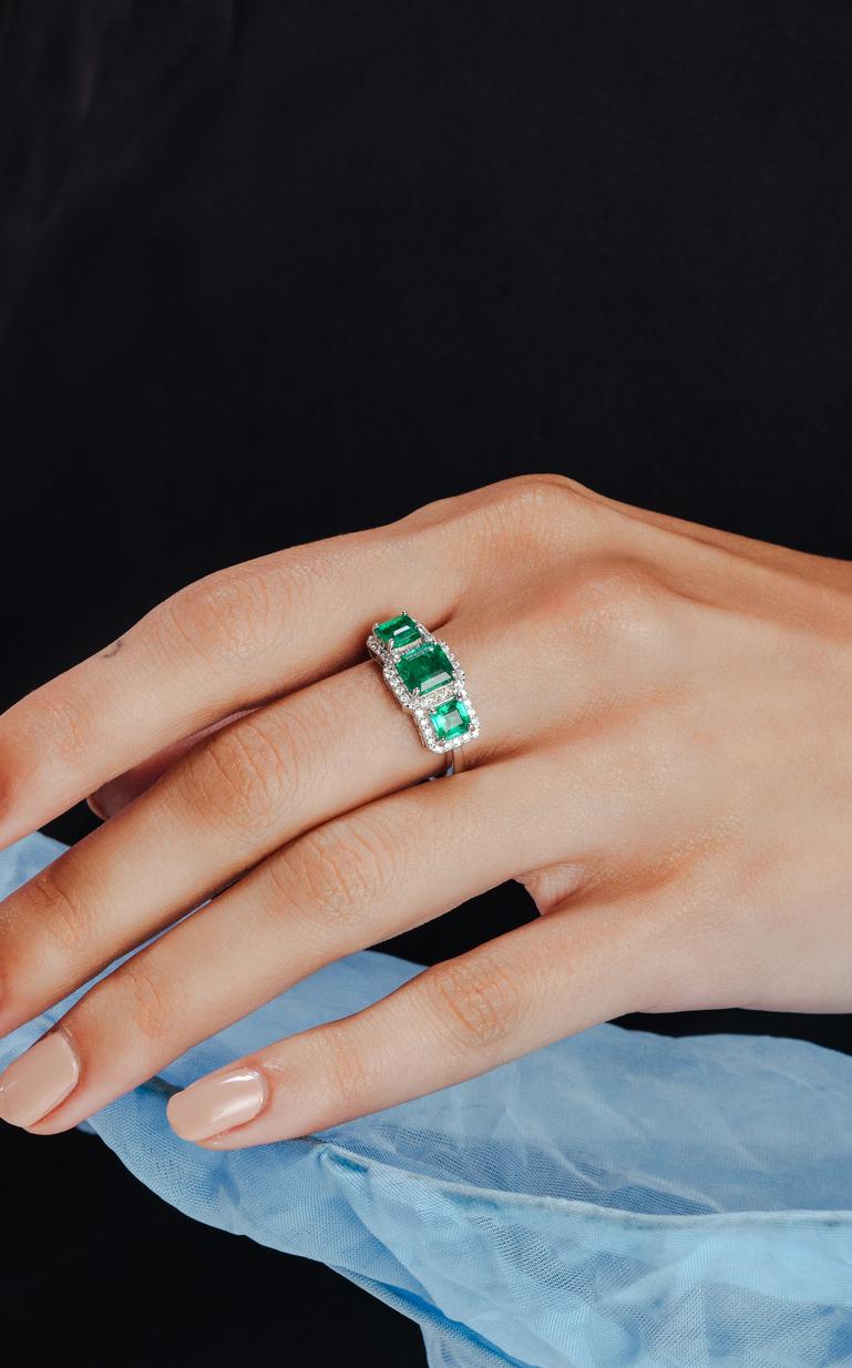 For Sale:  Three Stone Genuine Emerald Ring with Halo Diamond in 18k Solid White Gold 4