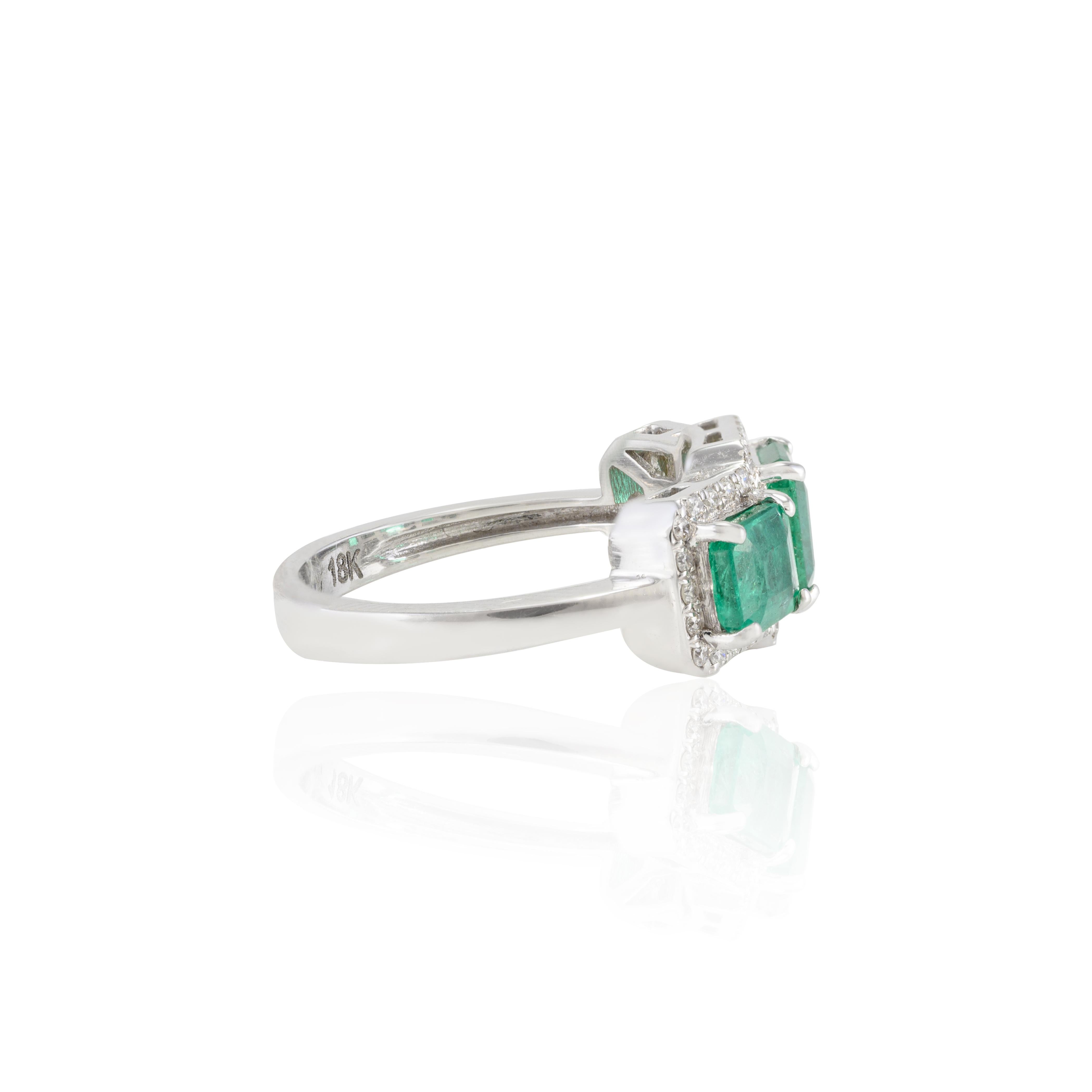 For Sale:  Three Stone Emerald Wedding Ring with Halo Diamond in 18k Solid White Gold 5
