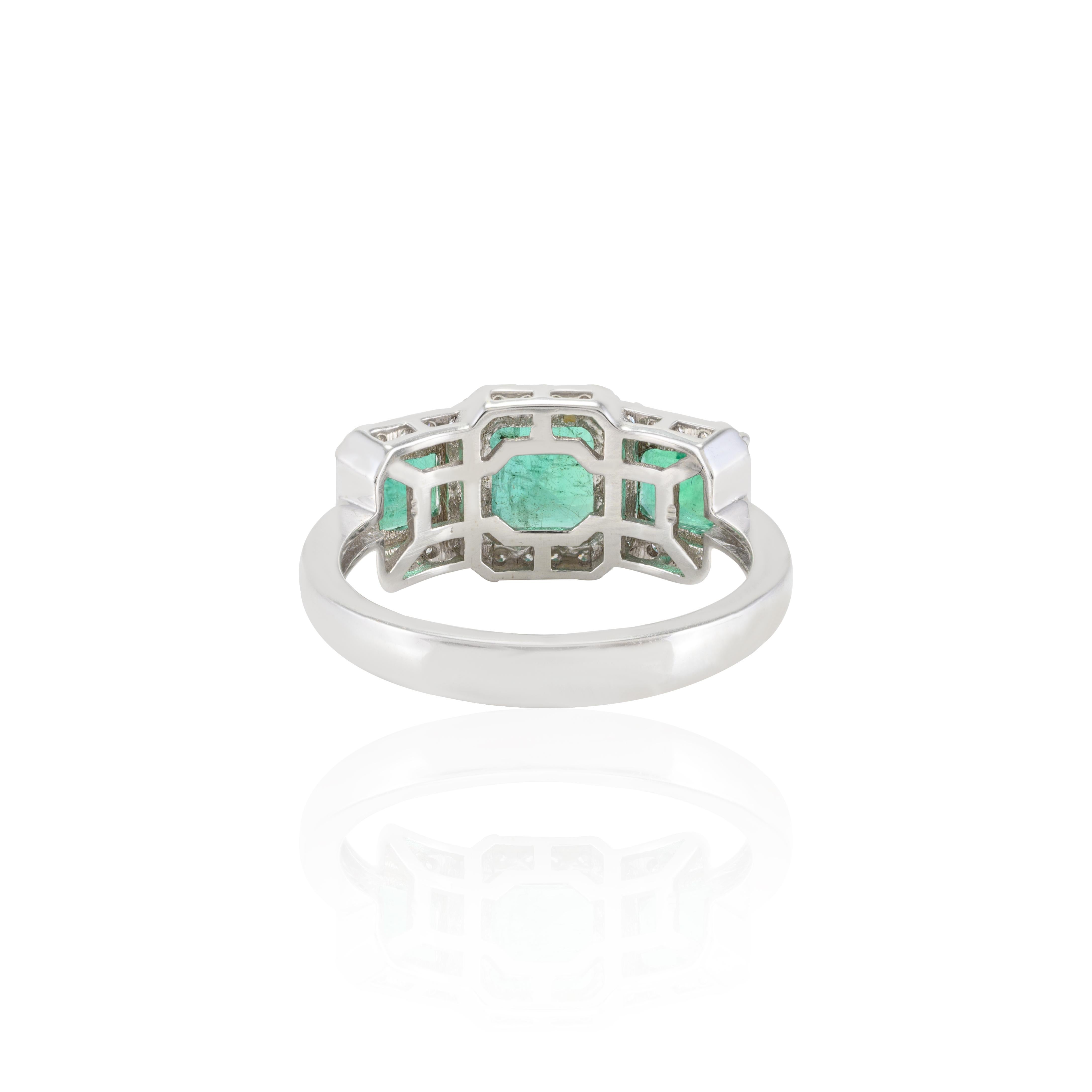 For Sale:  Three Stone Genuine Emerald Ring with Halo Diamond in 18k Solid White Gold 7