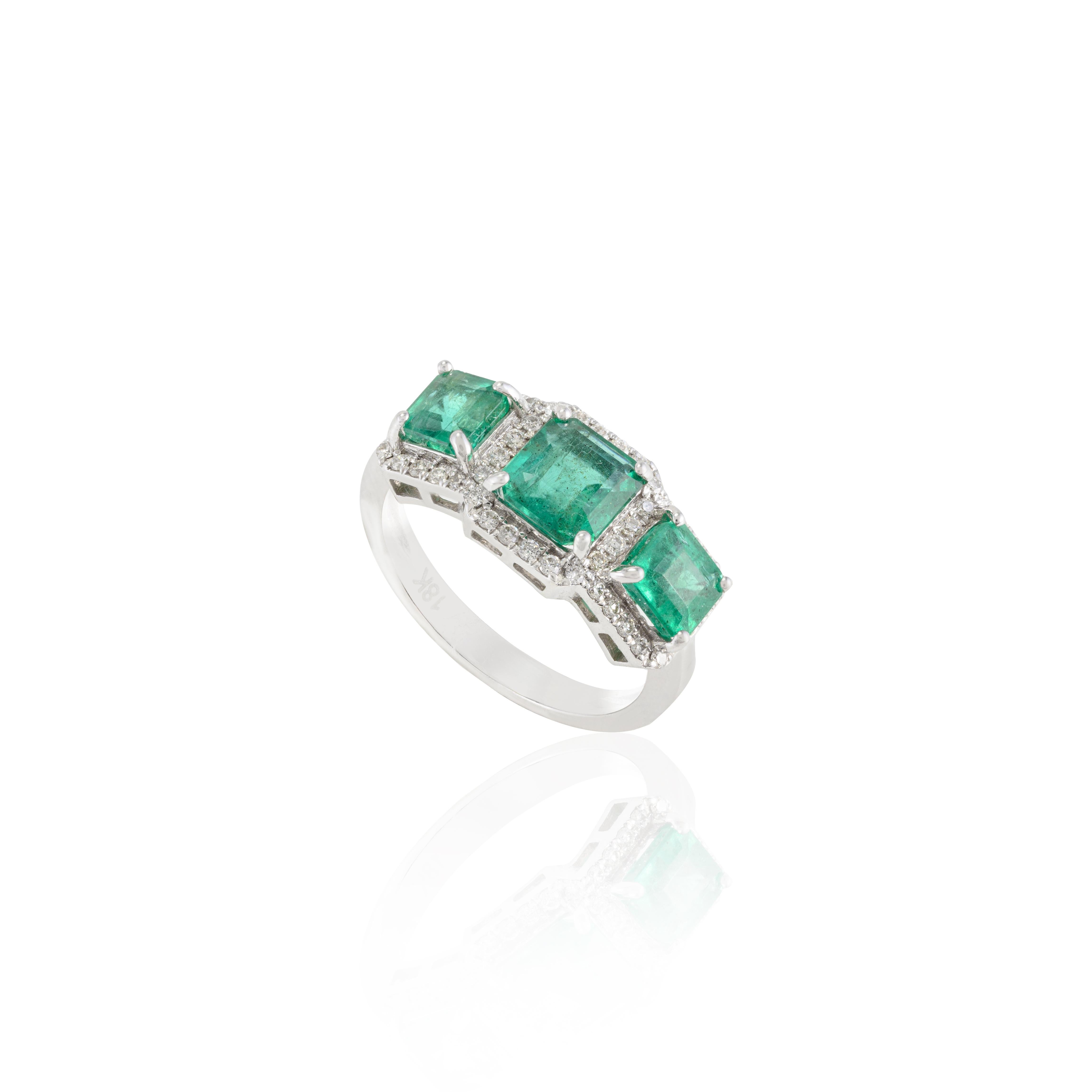 For Sale:  Three Stone Genuine Emerald Ring with Halo Diamond in 18k Solid White Gold 8