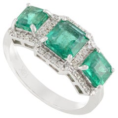 Three Stone Genuine Emerald Ring with Halo Diamond in 18k Solid White Gold