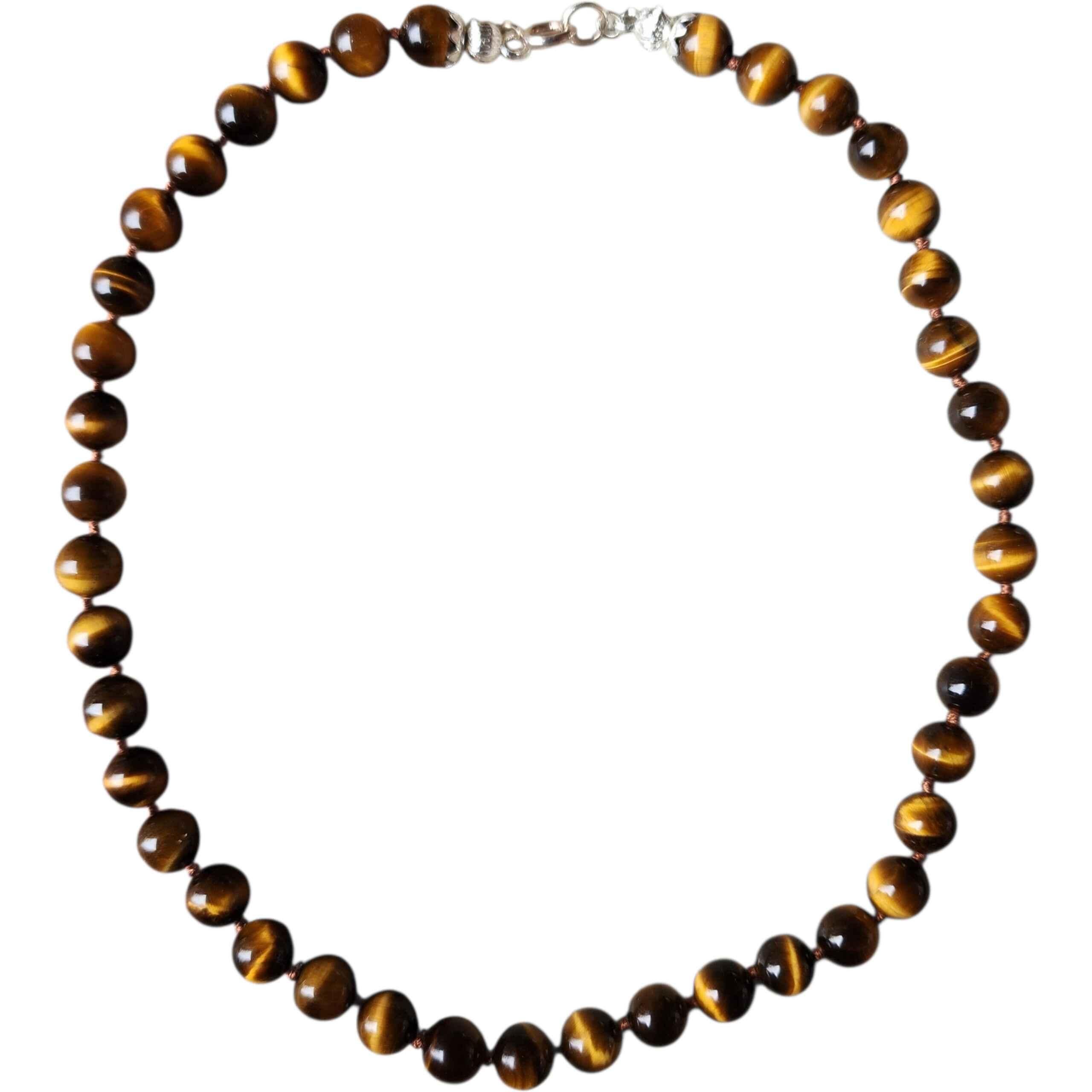 Perlina Collana di perle di occhio di tigre Nature annodate a mano con chiusura in A. Silver in vendita