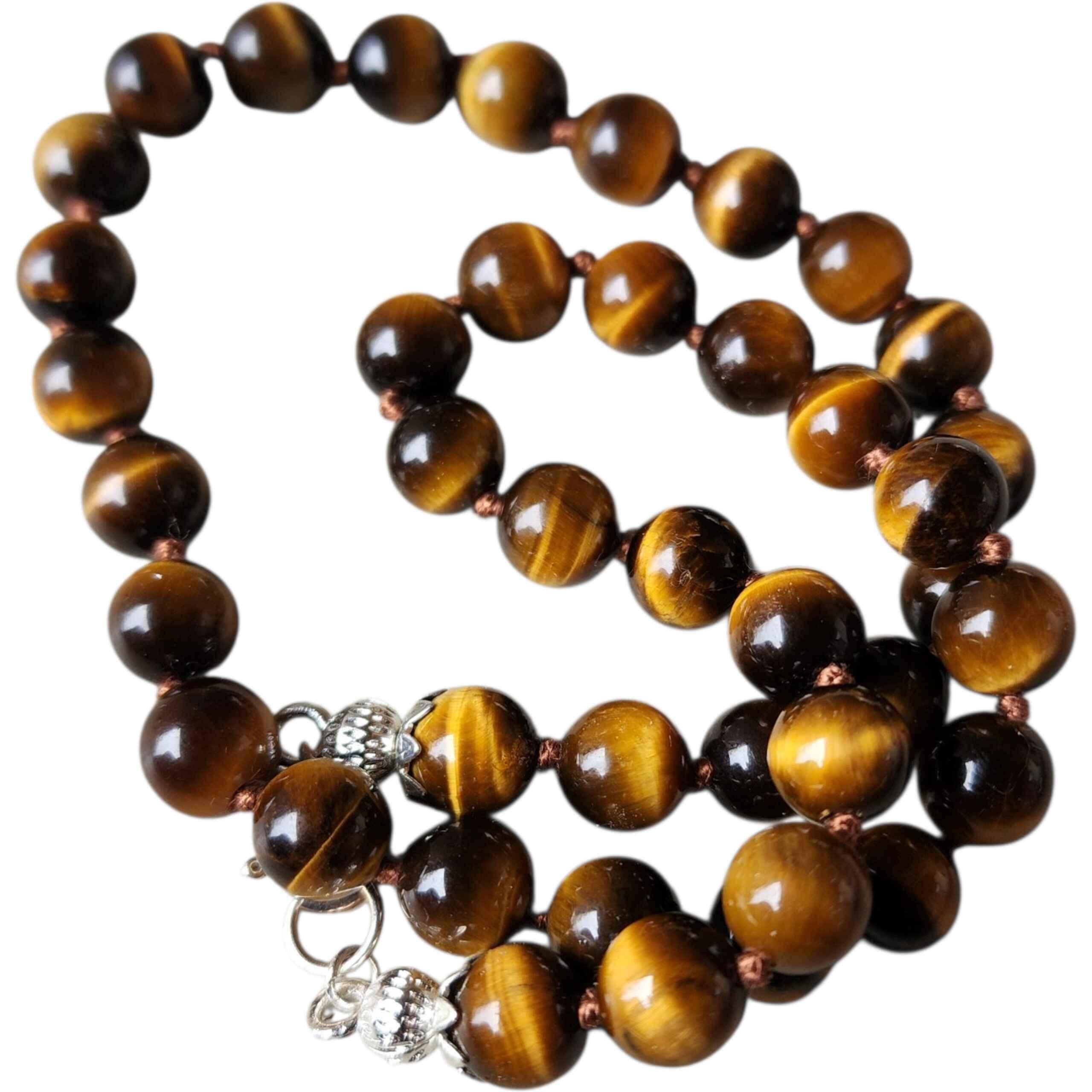 Collana di perle di occhio di tigre Nature annodate a mano con chiusura in A. Silver In condizioni buone in vendita a Milford, DE