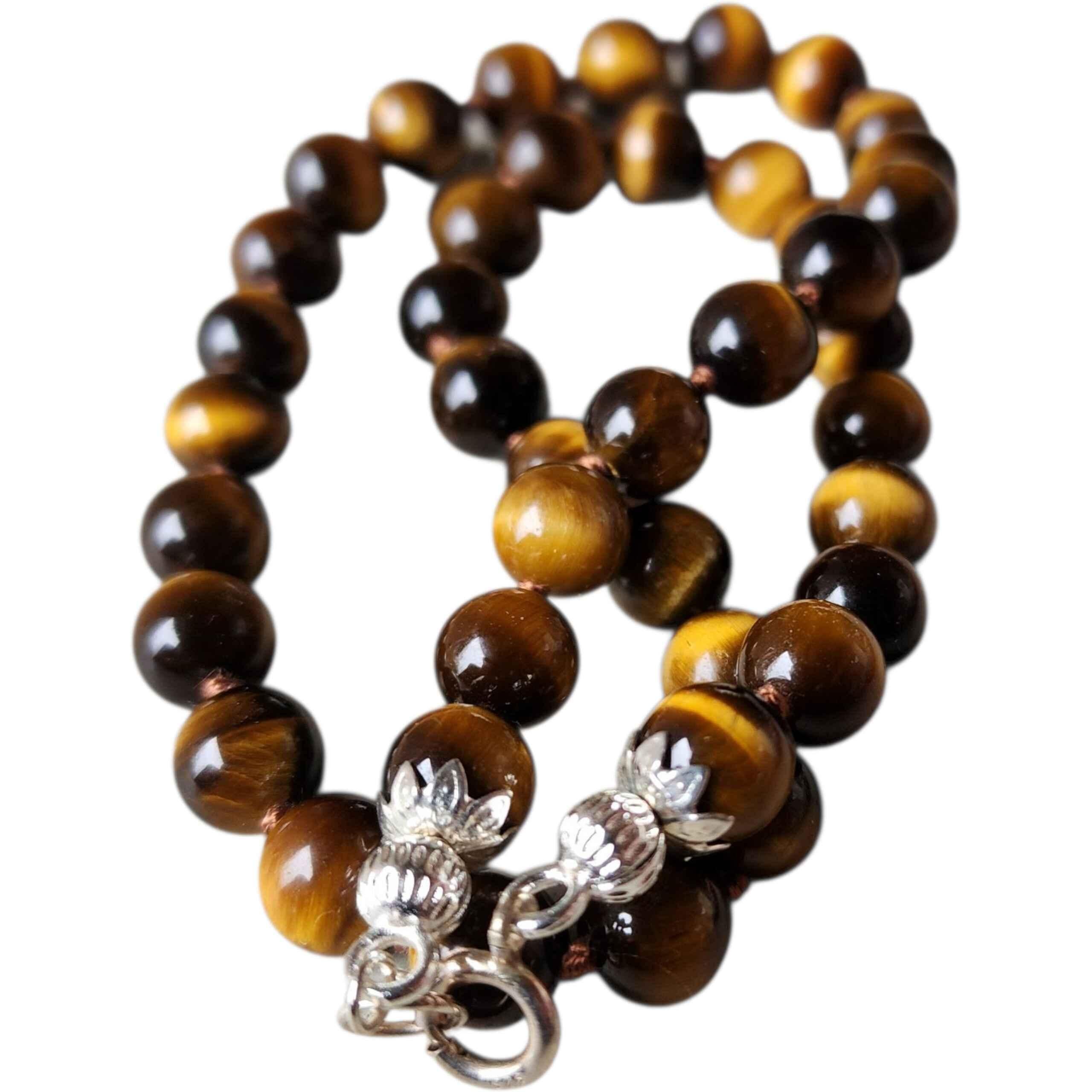 da uomo o donna Collana di perle di occhio di tigre Nature annodate a mano con chiusura in A. Silver in vendita