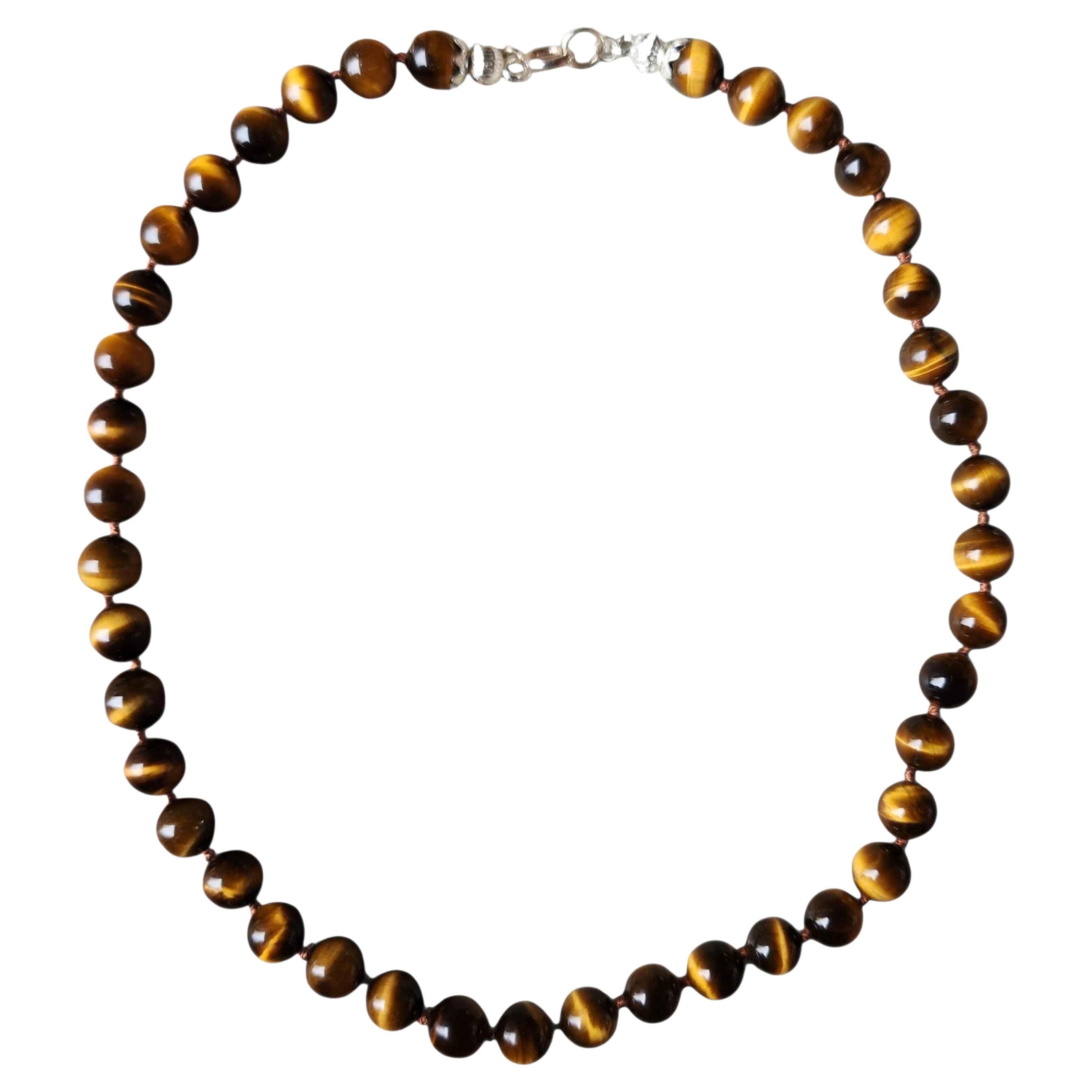 Collana di perle di occhio di tigre Nature annodate a mano con chiusura in A. Silver