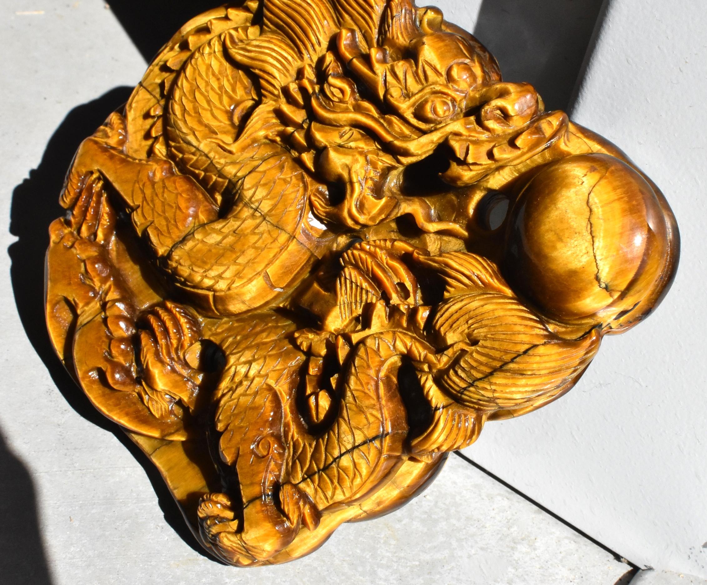 Chinese Natural Tiger's Eye Dragon Statue, Hand-Carved