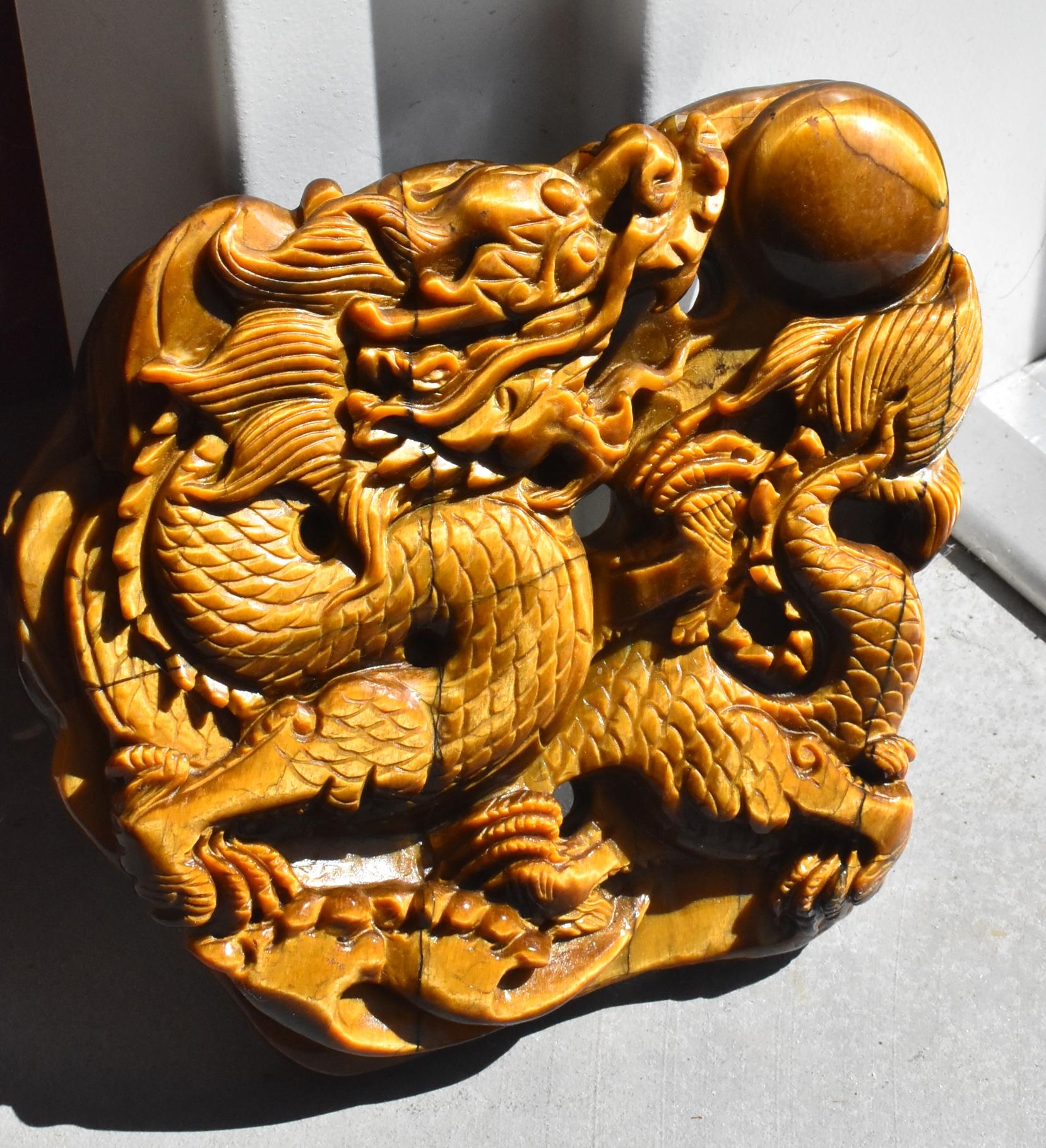 Natural Tiger's Eye Dragon Statue, Hand-Carved In New Condition In Somis, CA
