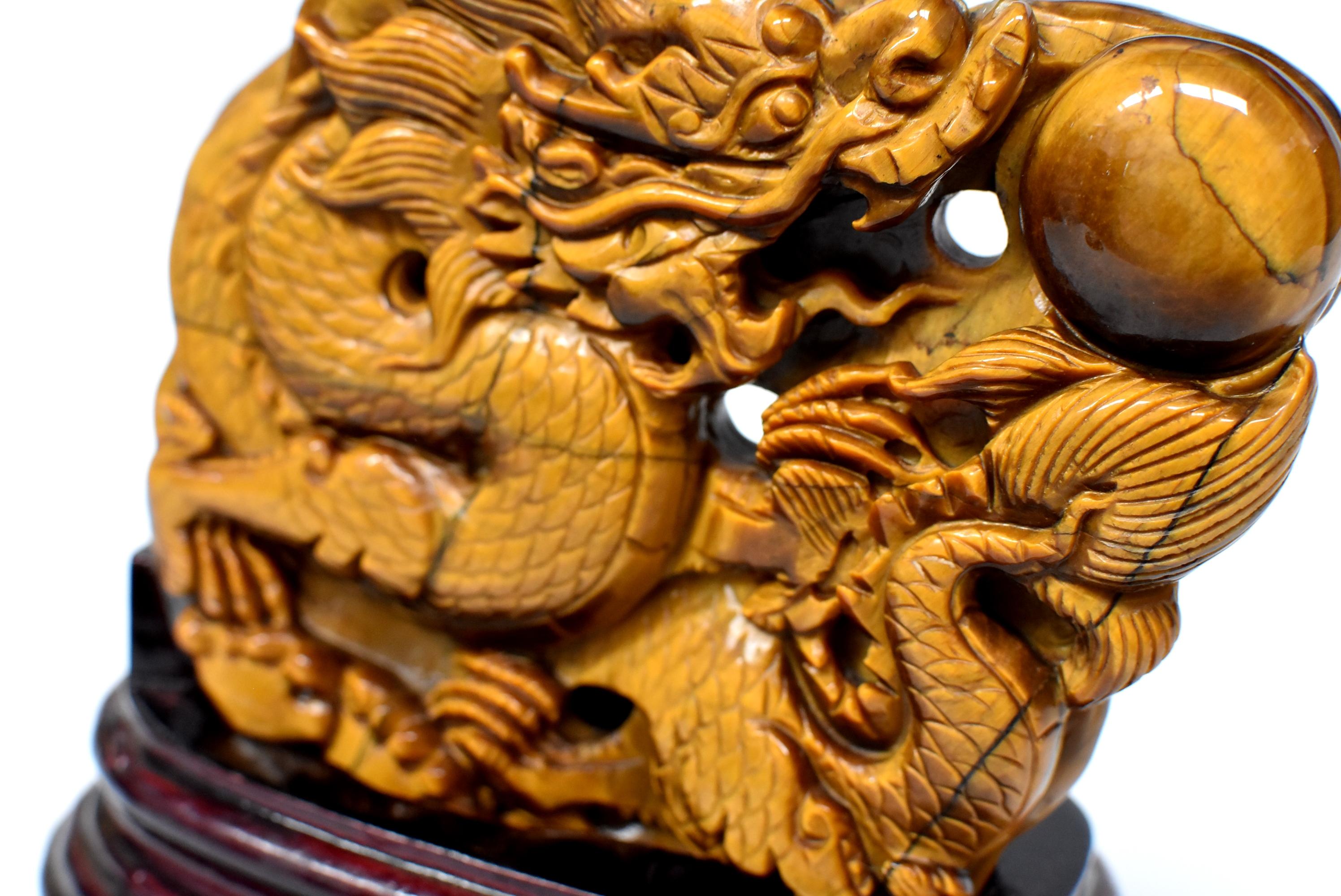 Multi-gemstone Natural Tiger's Eye Dragon Statue, Hand-Carved