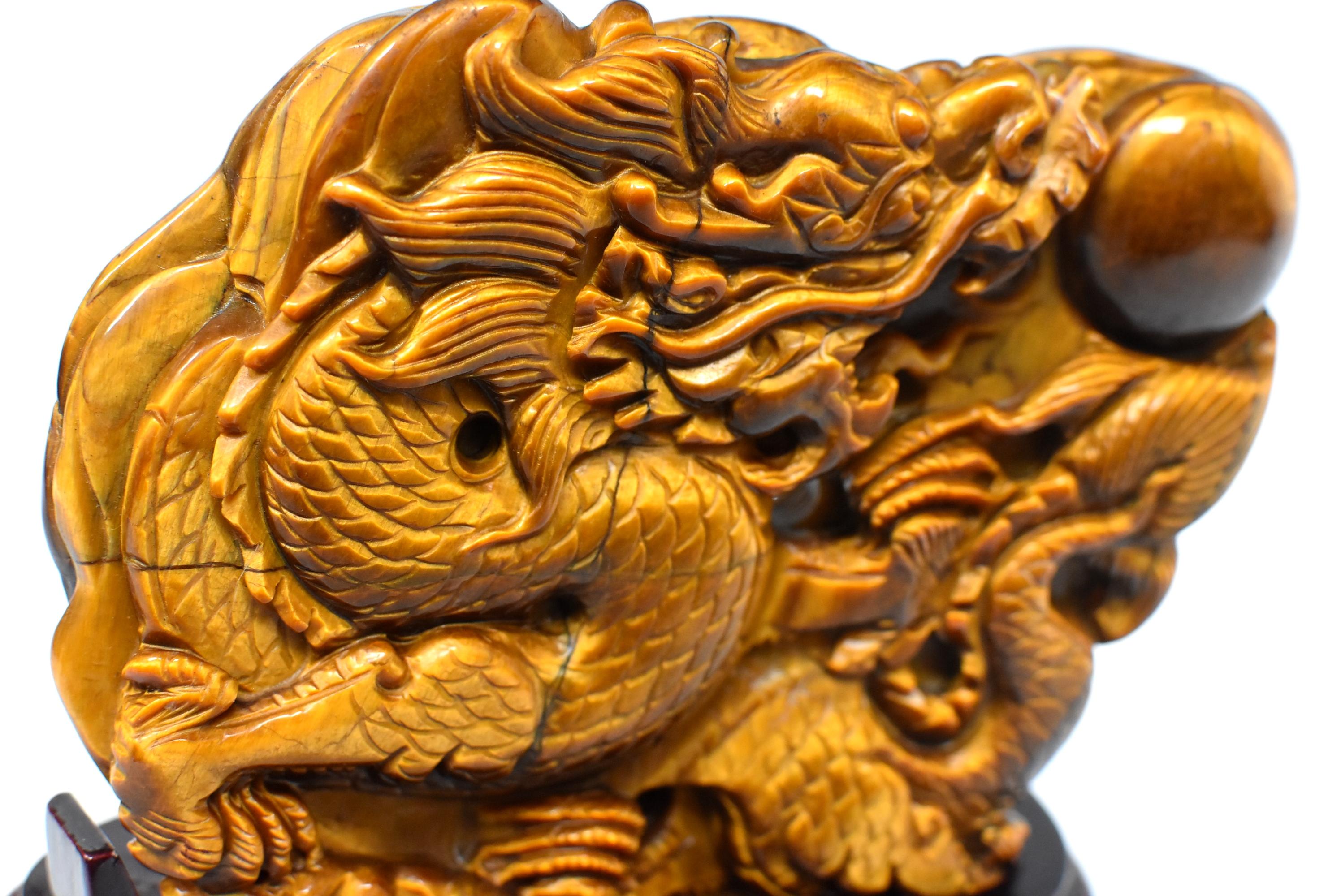 Natural Tiger's Eye Dragon Statue, Hand-Carved 1