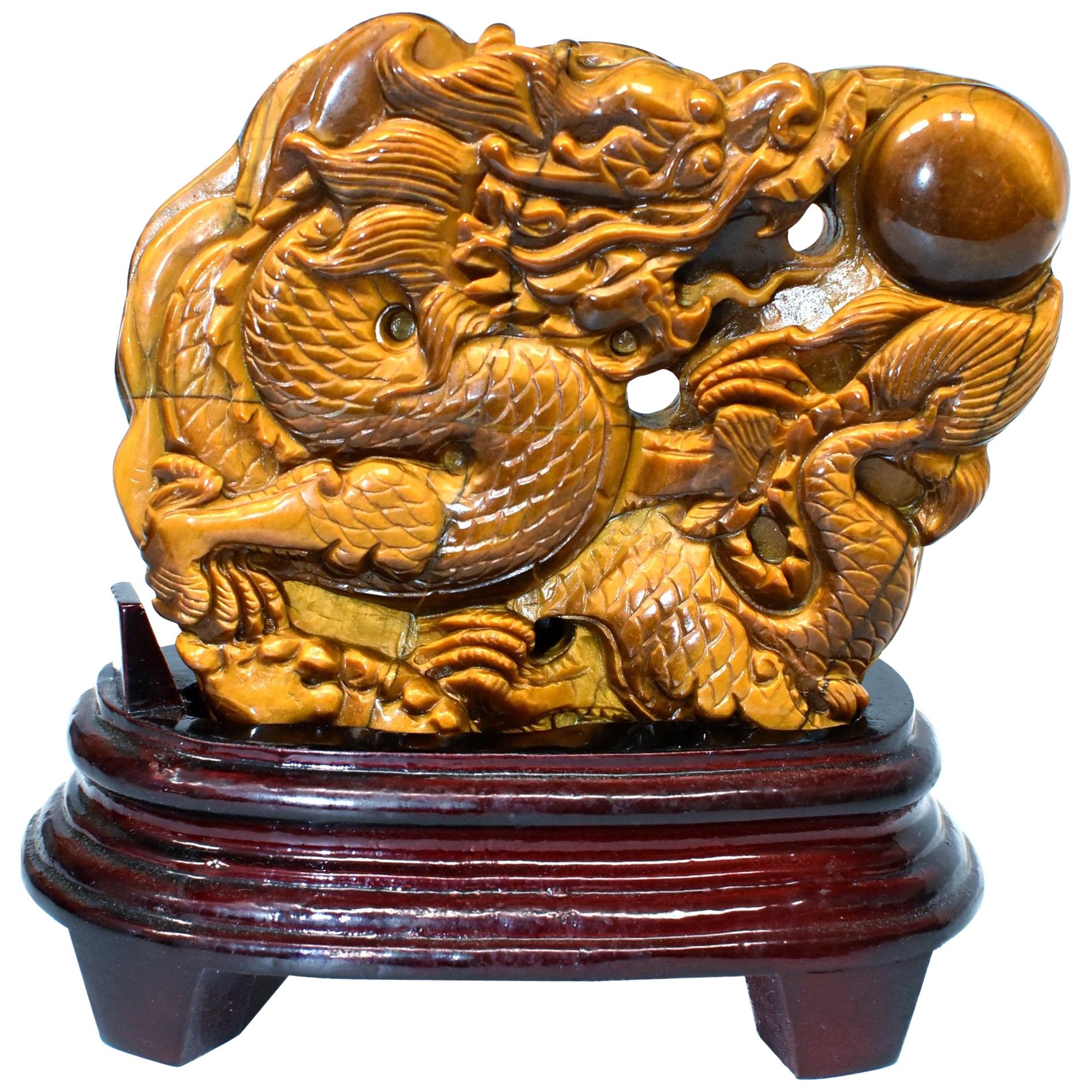 Natural Tiger's Eye Dragon Statue, Hand-Carved