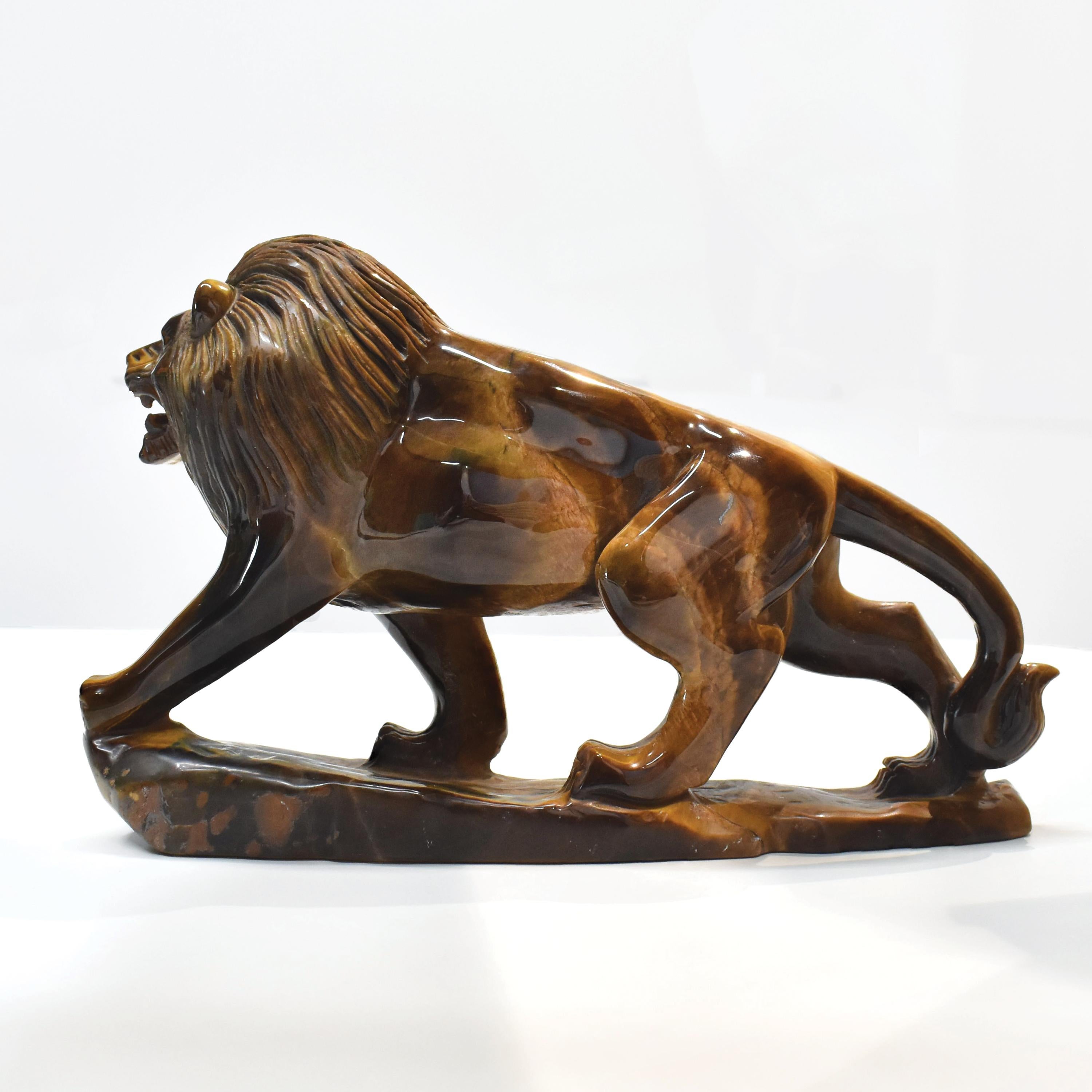 Mixed Cut Natural Tiger's Eye Hand-Carved Lion Sculpture Figurine For Sale