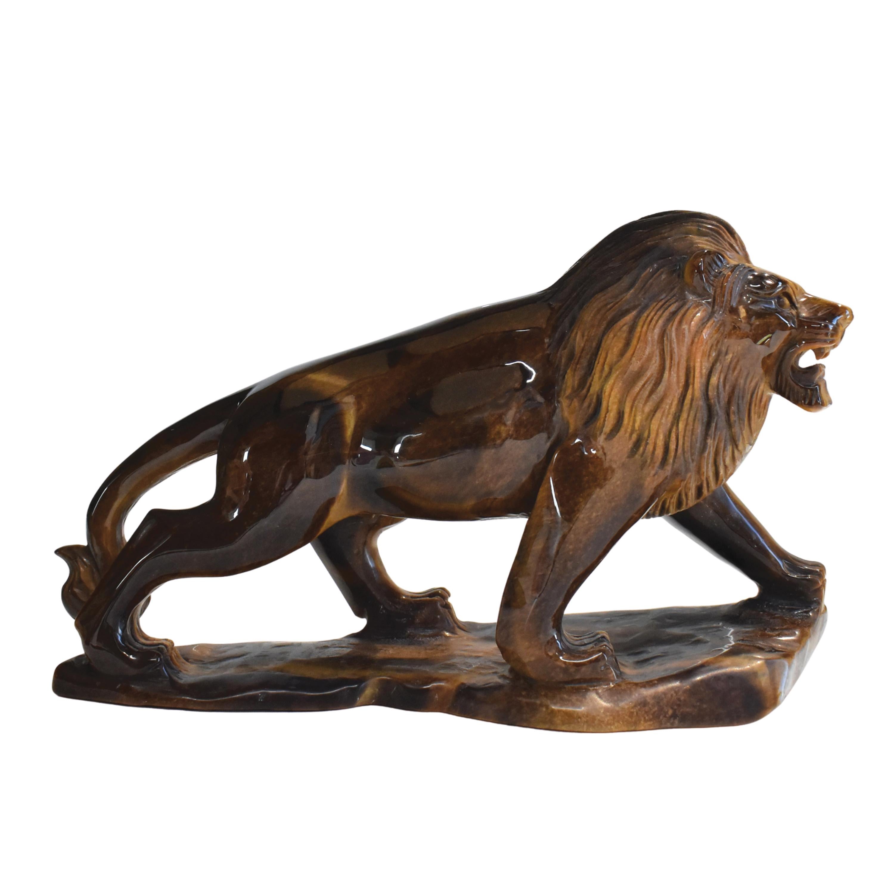 Natural Tiger's Eye Hand-Carved Lion Sculpture Figurine
