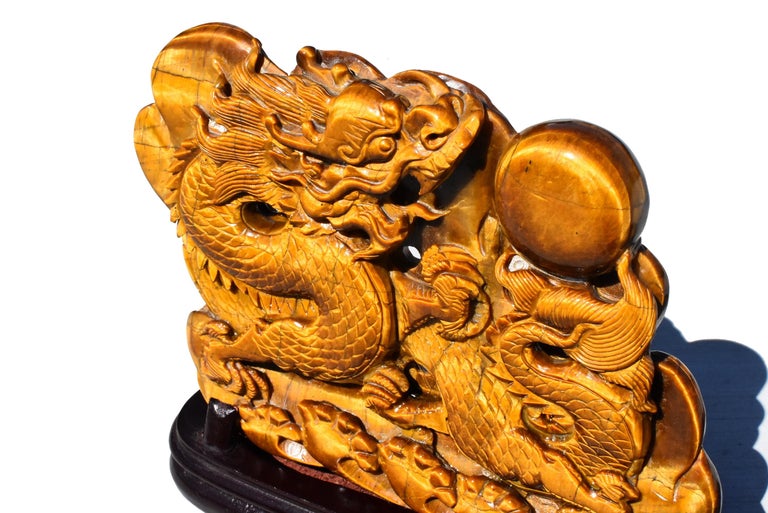 Natural Tiger's Eye Statue Dragon Chasing Pearl Statue at 1stDibs