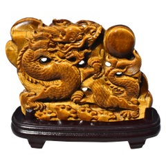 Natural Tiger's Eye Statue Dragon Chasing Pearl Statue