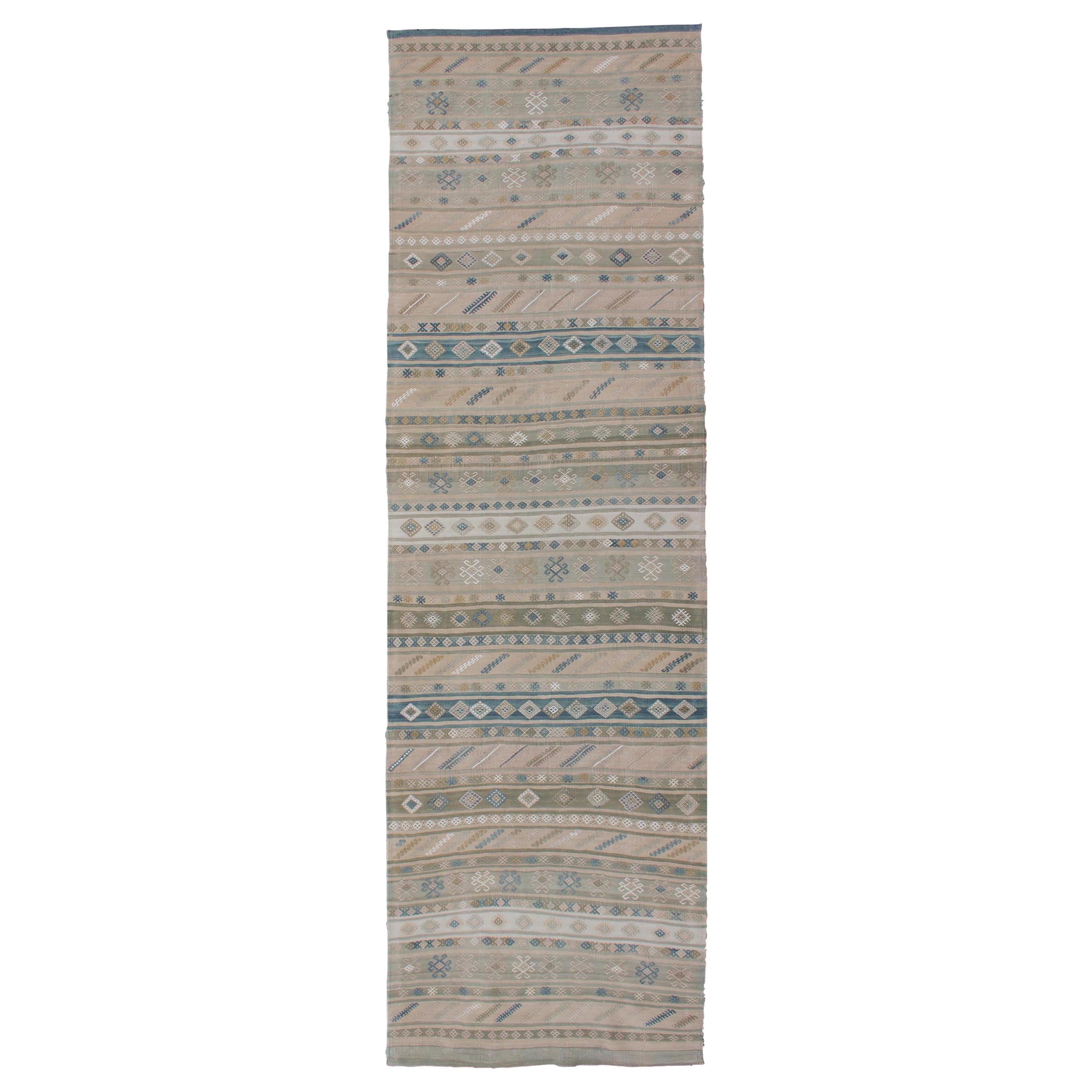 Natural-Toned Turkish Flat-Weave Kilim with Geometric Stripes