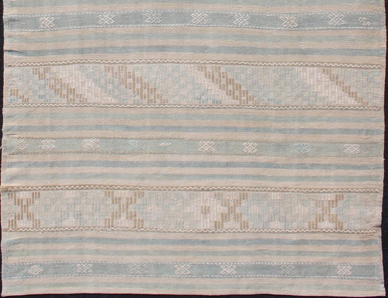 Hand-Knotted Natural-Toned Turkish Flat-Weave Kilim with Geometric Stripes Tan and Seafoam For Sale