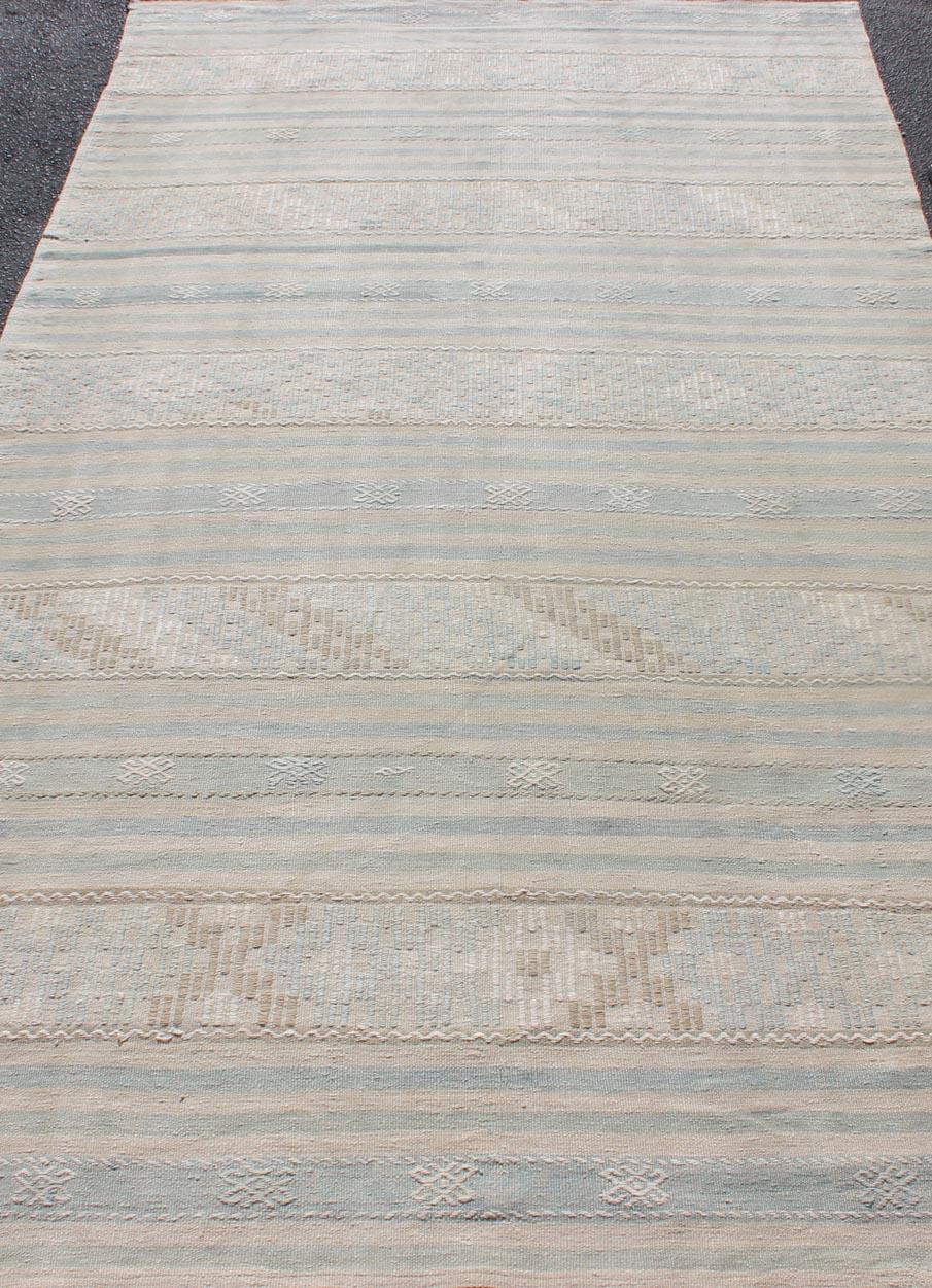 20th Century Natural-Toned Turkish Flat-Weave Kilim with Geometric Stripes Tan and Seafoam For Sale