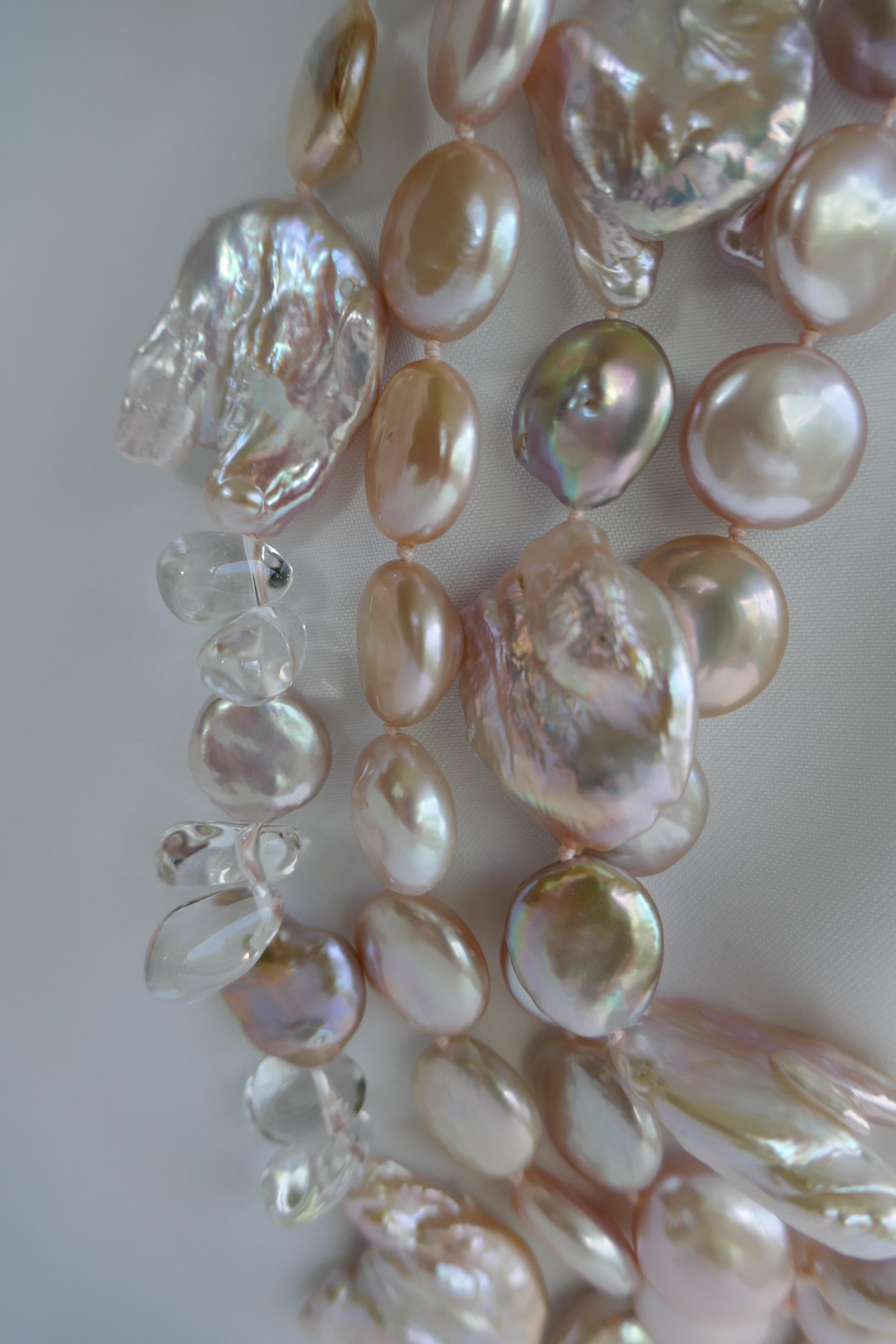 Contemporary Natural Tones Keshi Cultured Pearls Rock Crystal 925 Sterling Silver Necklace For Sale