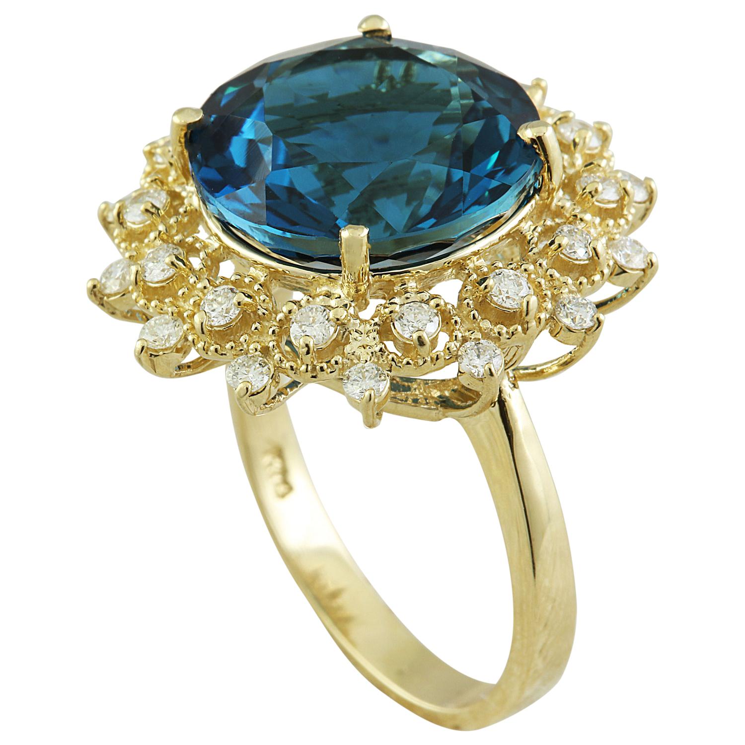 10.00 Carat Natural Topaz 14 Karat Solid Yellow Gold Diamond Ring
Stamped: 14K 
Ring Size: 7 
Total Ring Weight: 5.1 Grams
Topaz Weight: 9.50 Carat (13.00x13.00 Millimeter) 
Diamond Weight: 0.50 Carat (F-G Color, VS2-SI1 Clarity)
Quantity: 28
Face