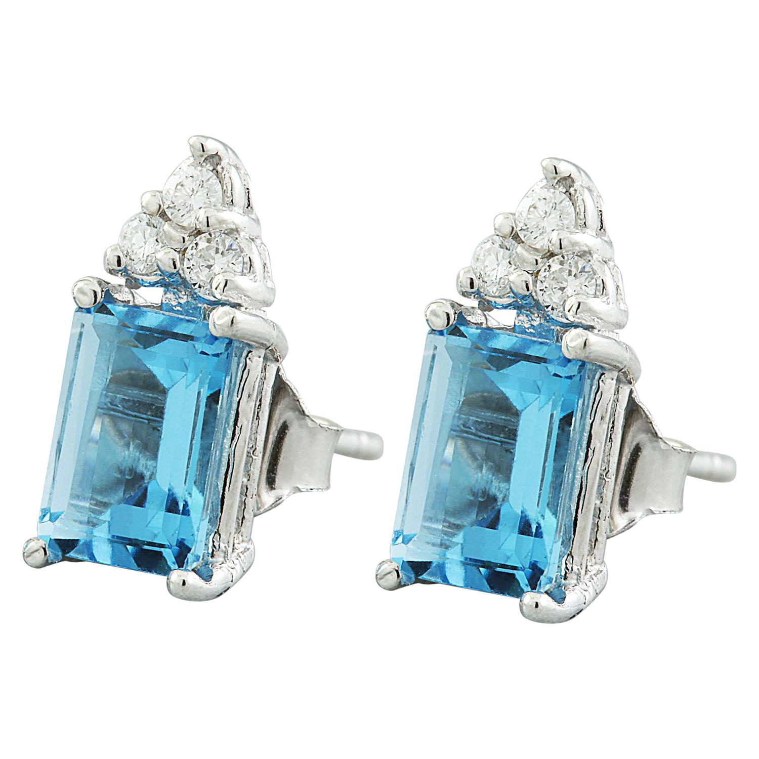 2.65 Carat Natural Topaz 14 Karat Solid White Gold Diamond Earrings
Stamped: 14K 
Total Earrings Weight: 1.5 Grams 
Topaz Weight: 2.50 Carat (7.00x5.00 Millimeters)  
Diamond Weight: 0.15 Carat (F-G Color, VS2-SI1 Clarity )
Face Measures: 12.00x5.00