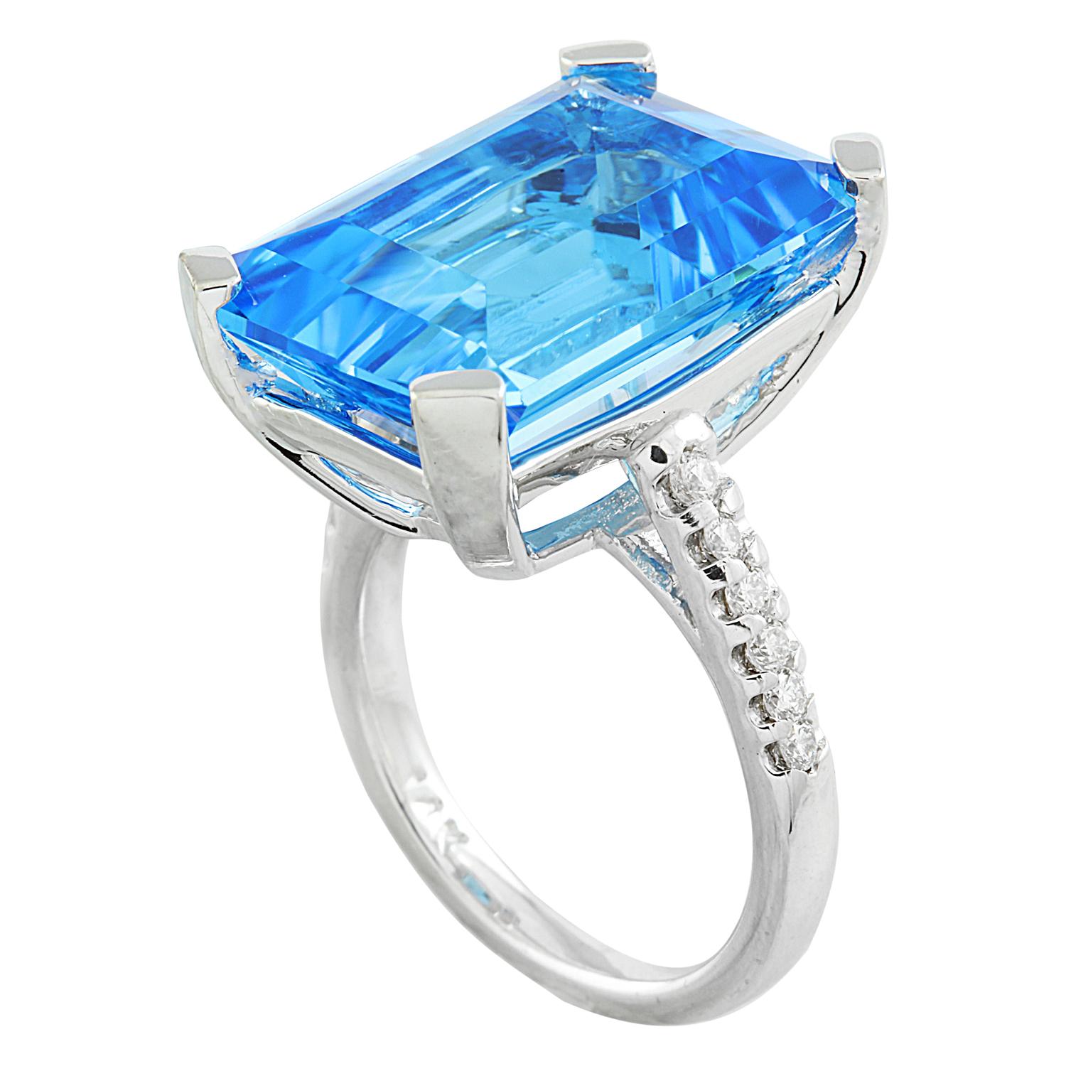 Emerald Cut Radiant Blue Sparkle: Swiss Blue Topaz Diamond Ring in 14K Solid White Gold For Sale