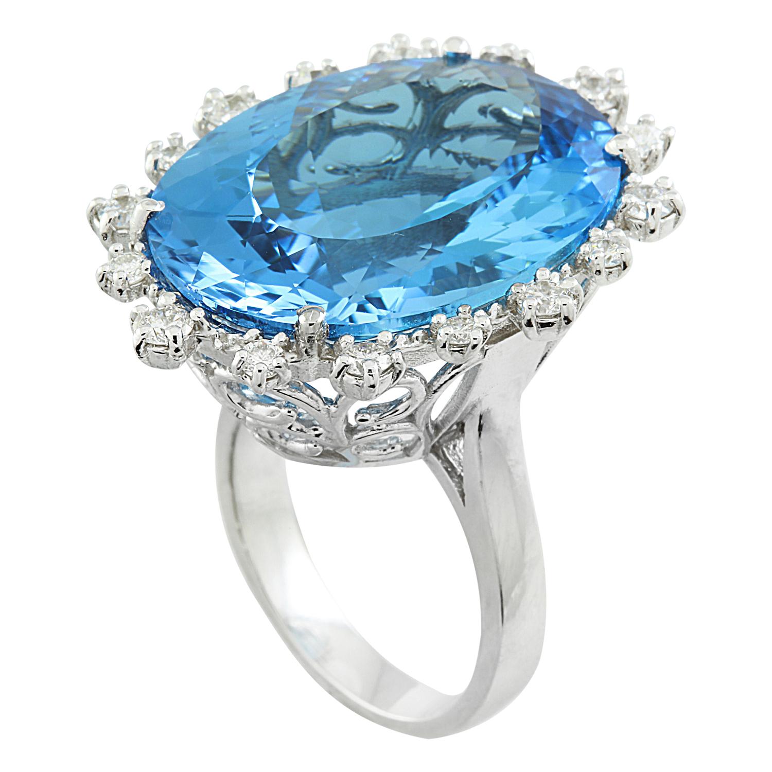 Oval Cut Radiant Beauty: Swiss Blue Topaz and Diamond Ring in 14K Solid White Gold For Sale
