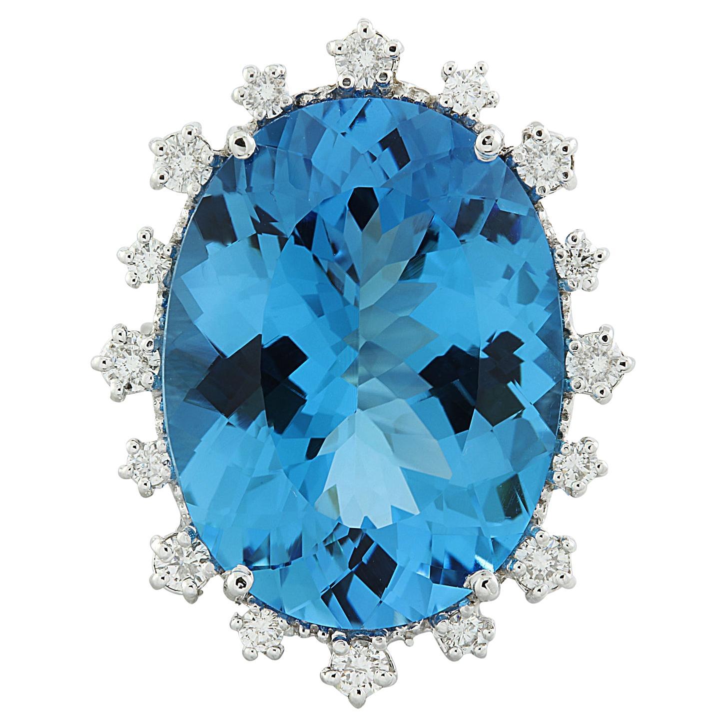 Radiant Beauty: Swiss Blue Topaz and Diamond Ring in 14K Solid White Gold For Sale