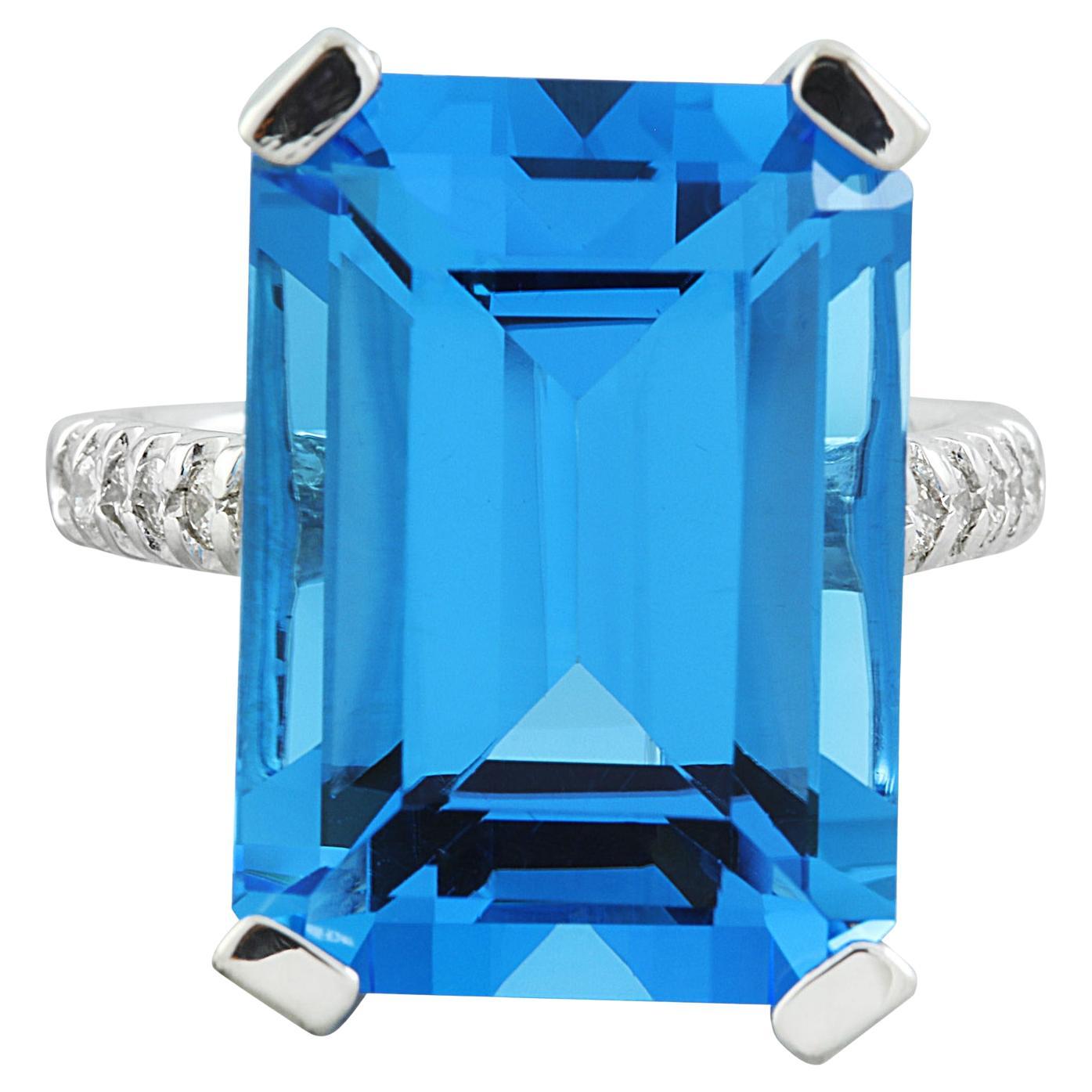 Radiant Blue Sparkle: Swiss Blue Topaz Diamond Ring in 14K Solid White Gold For Sale