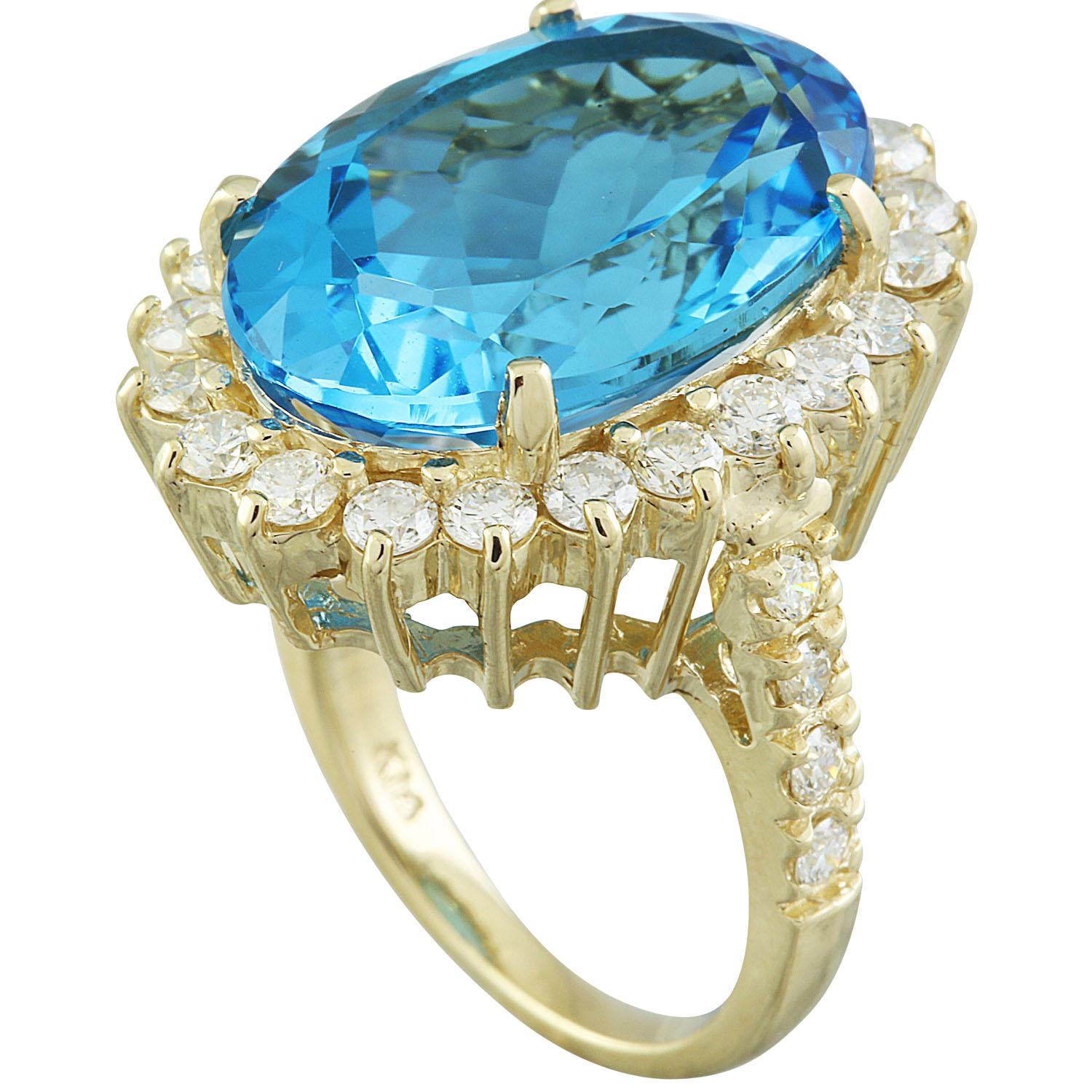 13.00 Carat Natural Topaz 14 Karat Solid Yellow Gold Diamond Ring
Stamped: 14K 
Total Ring Weight: 10 Grams 
Topaz Weight 11.70 Carat (16.00x12.00 Millimeters)
Diamond Weight: 1.30 carat (F-G Color, VS2-SI1 Clarity )
Quantity: 30 
Face Measures: