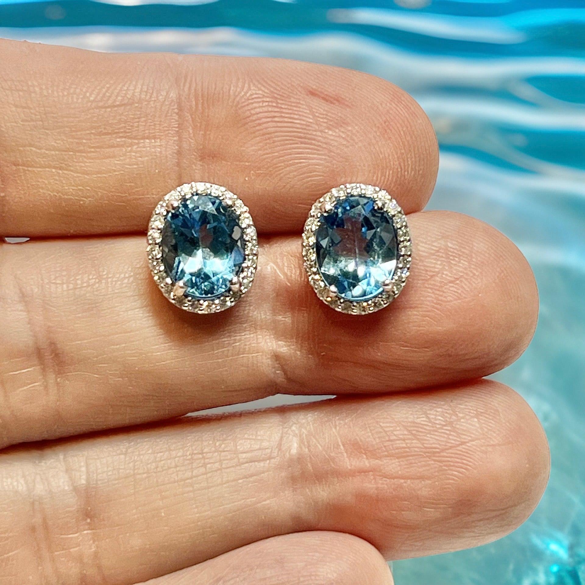 Oval Cut Natural Topaz Diamond Stud Earrings 14k W Gold 6.98 TCW Certified For Sale
