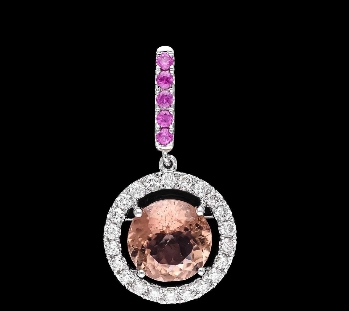 Mixed Cut Natural tourmaline 3.15 & ruby 0.16cts & diamond 0.48cts pendant in 14k gold For Sale